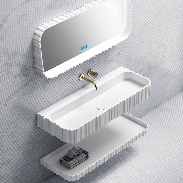 Set mobilier de baie cu lavoar pe perete, raft si oglinda LED, 100 cm, colturi rotunjite, din compozit, alb, MonBlari