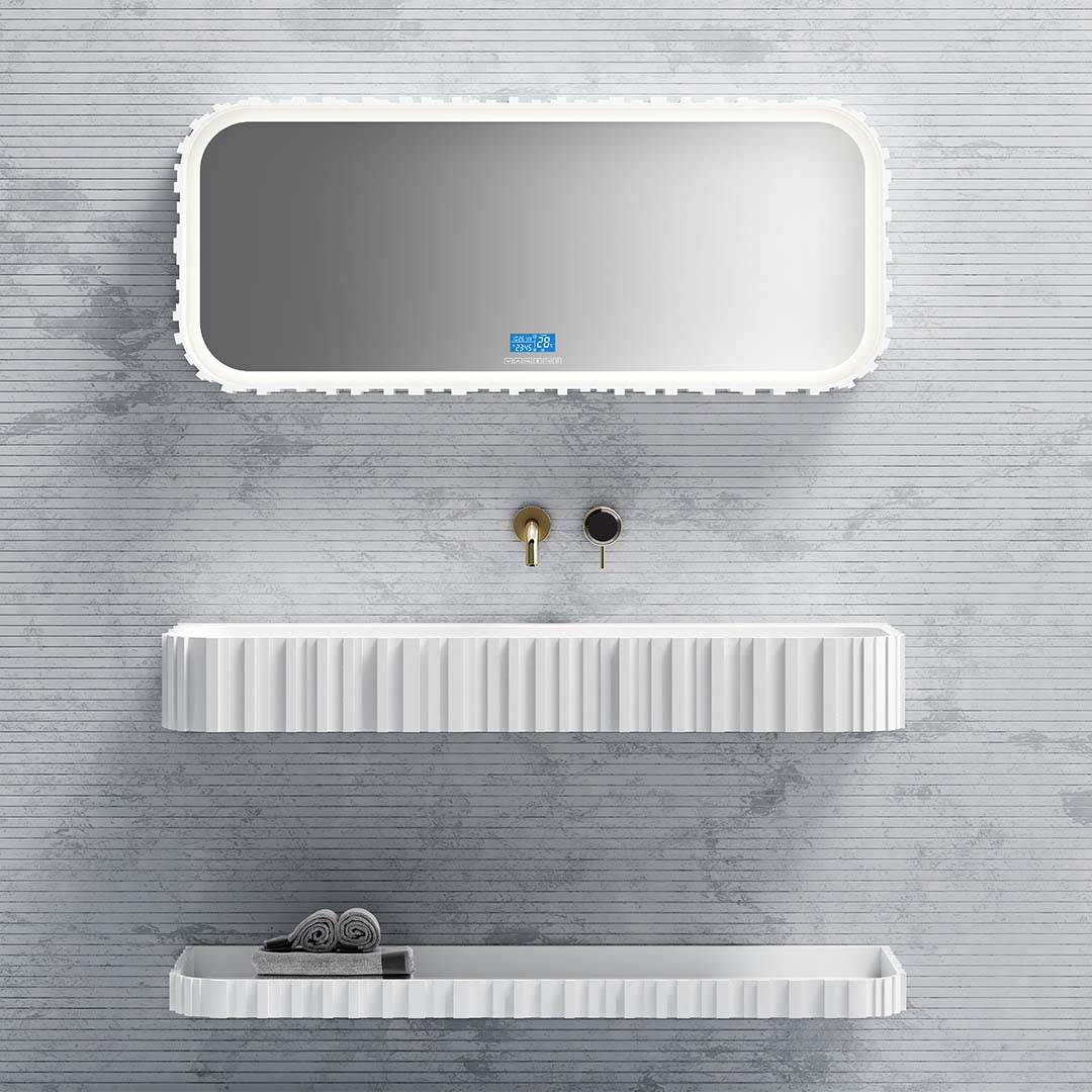 Set mobilier de baie cu lavoar pe perete, raft si oglinda LED, 100 cm, colturi rotunjite, din compozit, alb, MonBlari