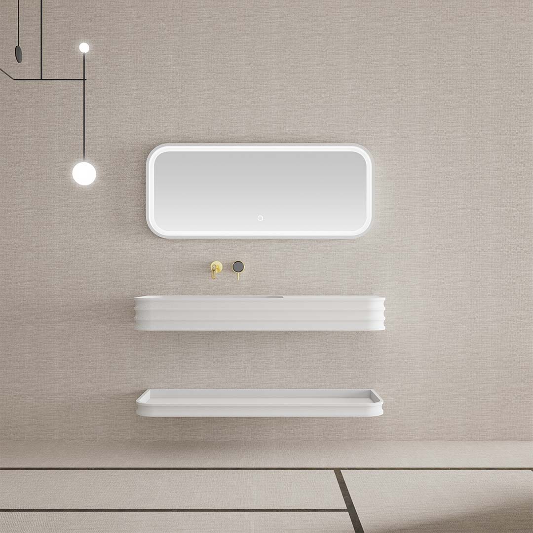 Set mobilier de baie cu lavoar pozitionat pe stanga, raft si oglinda, 80 cm, colturi rotunjite, din compozit, alb, MonBlari
