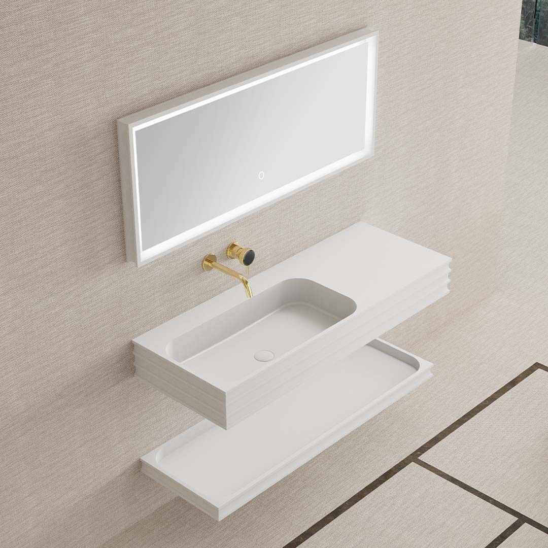 Set mobilier de baie cu lavoar pozitionat pe stanga, raft si oglinda, 80 cm, din compozit, alb, MonBlari