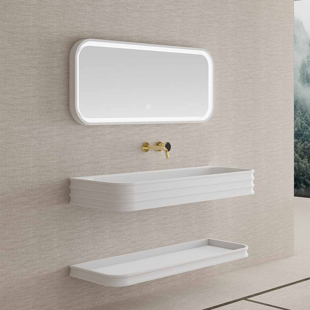 Set mobilier de baie cu lavoar, raft si oglinda, 80 cm, colturi rotunjite, din compozit, alb, MonBlari