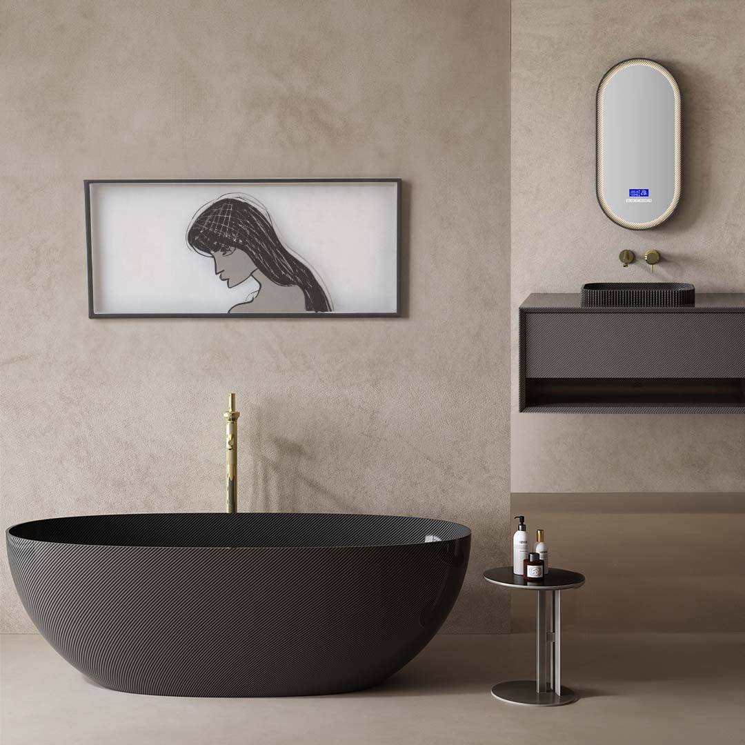 Set mobilier de baie cu oglinda LED + cada de 170 cm, din fibra de carbon, negru mat, MonBlari