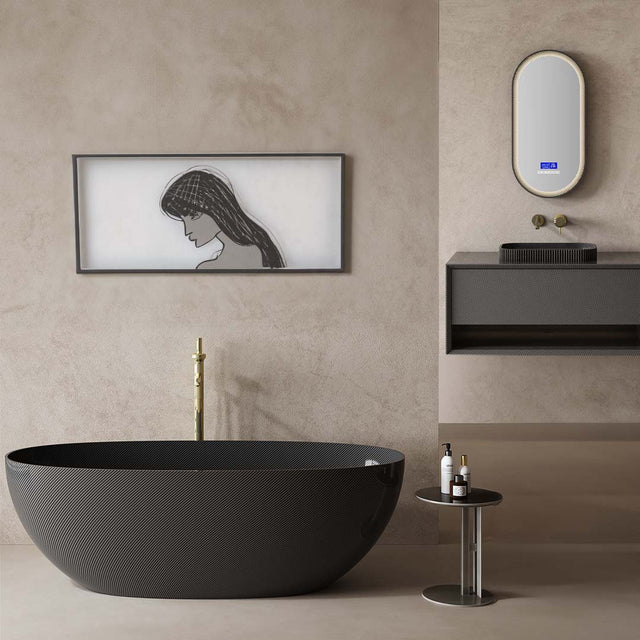 Set mobilier de baie cu oglinda LED + cada de 170 cm, din fibra de carbon, negru mat, MonBlari