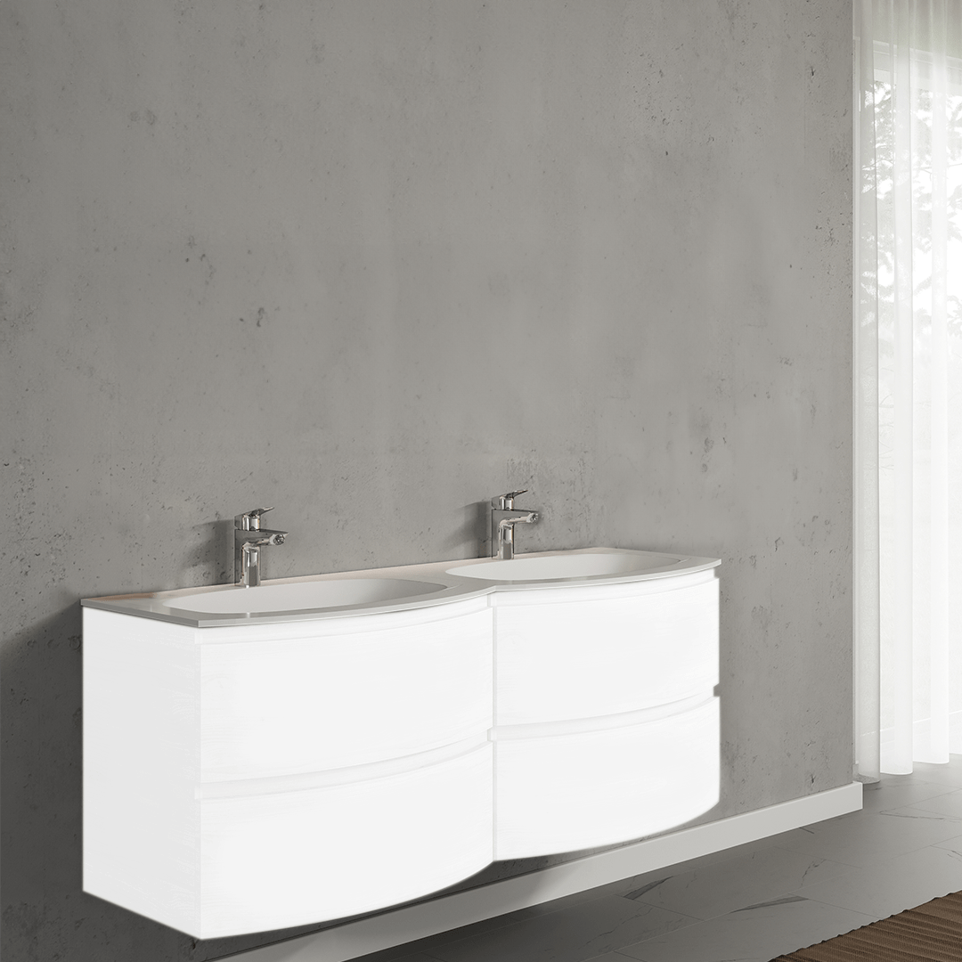 Set mobilier de baie suspendat, cu lavoar dublu incastrat, 140 cm, alb, finisaj lucios , Armonia, SaviniDue