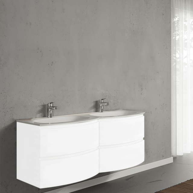 Set mobilier de baie suspendat, cu lavoar dublu incastrat, 140 cm, alb, finisaj lucios , Armonia, SaviniDue