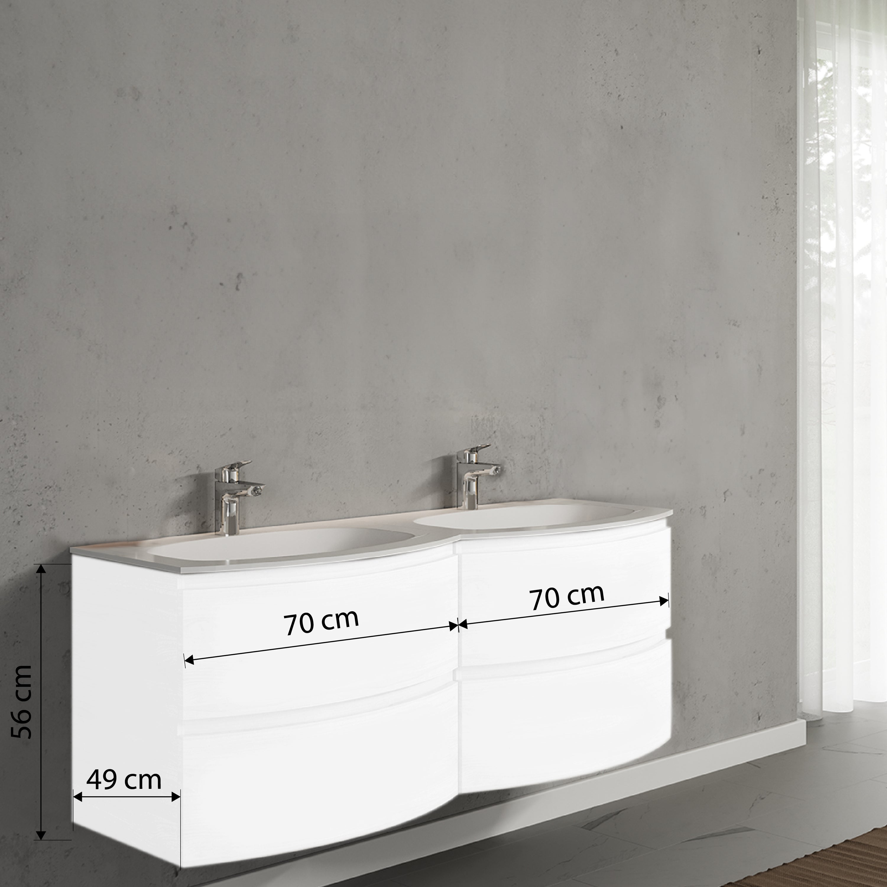 Set mobilier de baie suspendat, cu lavoar dublu incastrat, 140 cm, alb, finisaj lucios , Armonia, SaviniDue