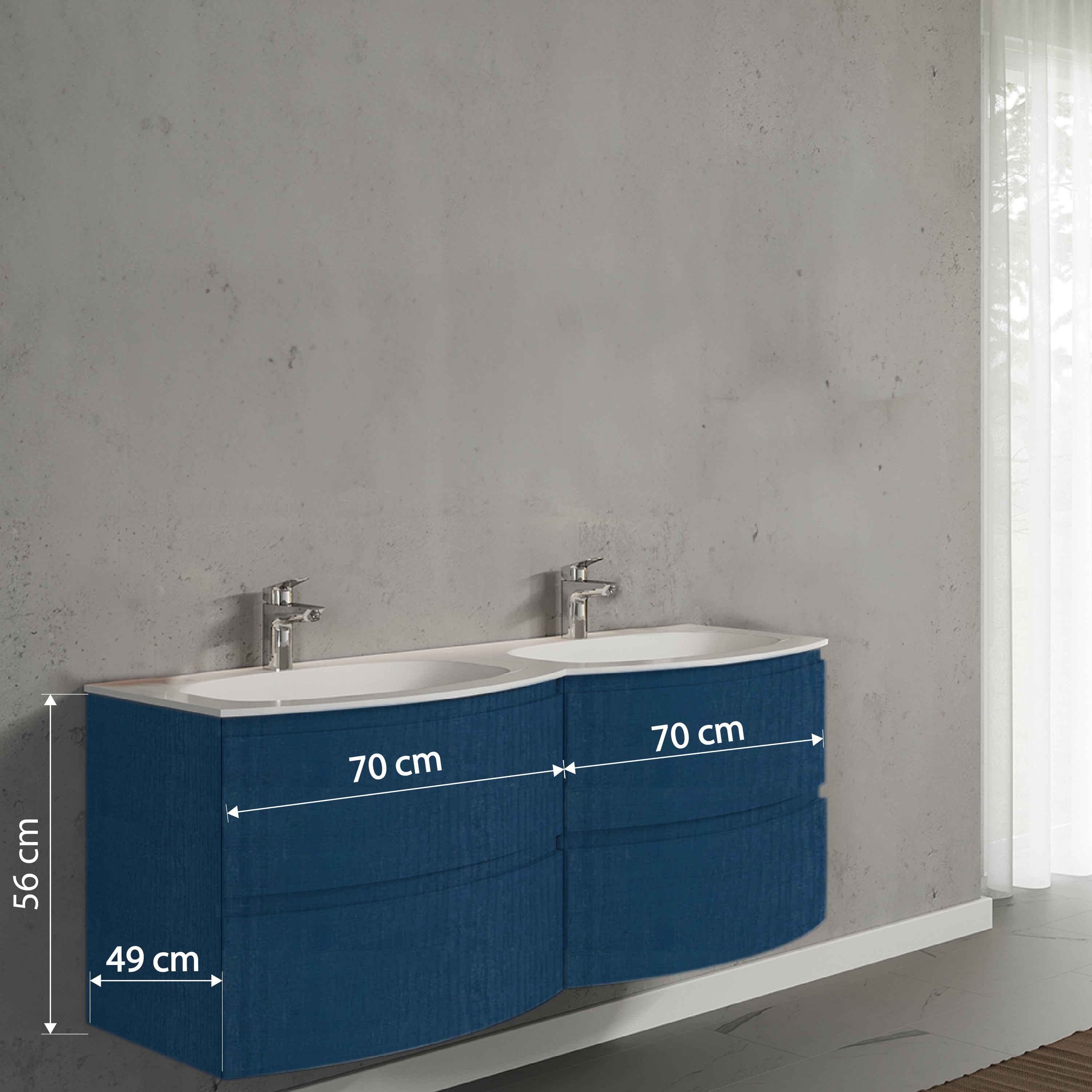 Set mobilier de baie suspendat, cu lavoar dublu incastrat, 140 cm, albastru, finisaj mat, Armonia, SaviniDue