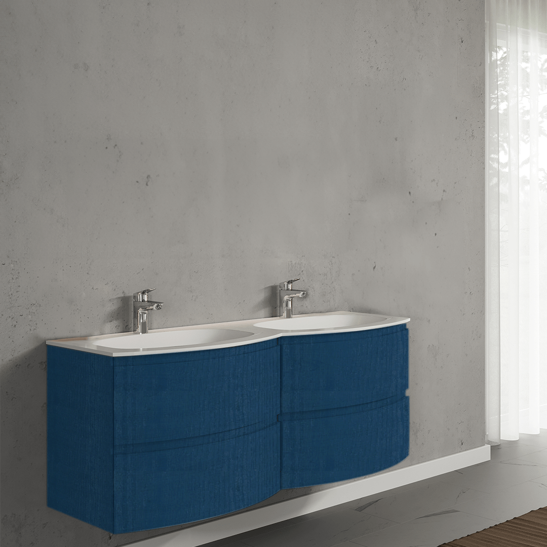 Set mobilier de baie suspendat, cu lavoar dublu incastrat, 140 cm, albastru, finisaj mat, Armonia, SaviniDue