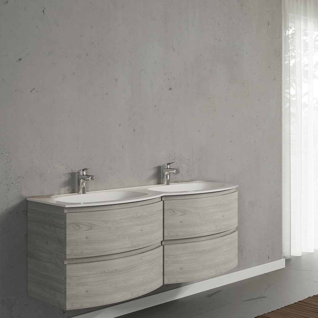 Set mobilier de baie suspendat, cu lavoar dublu incastrat, 140 cm, imitatie lemn, finisaj mat, Armonia, SaviniDue