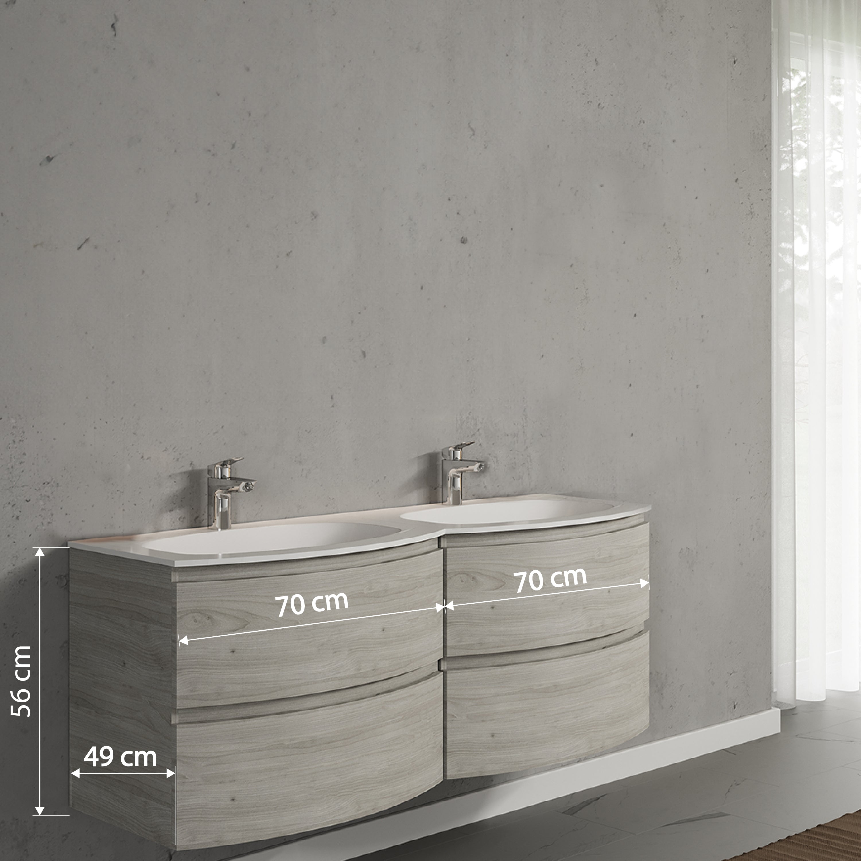 Set mobilier de baie suspendat, cu lavoar dublu incastrat, 140 cm, imitatie lemn, finisaj mat, Armonia, SaviniDue