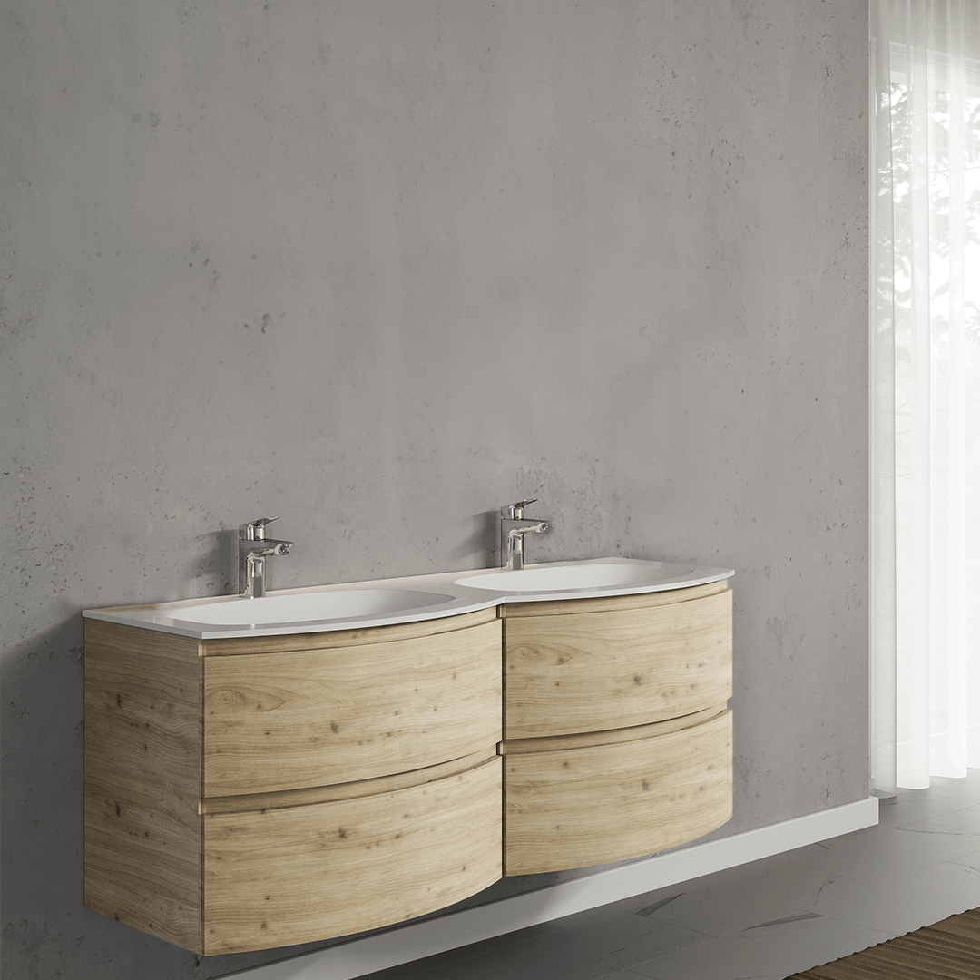 Set mobilier de baie suspendat, cu lavoar dublu incastrat, 140 cm, imitatie lemn natural, finisaj mat, Armonia, SaviniDue