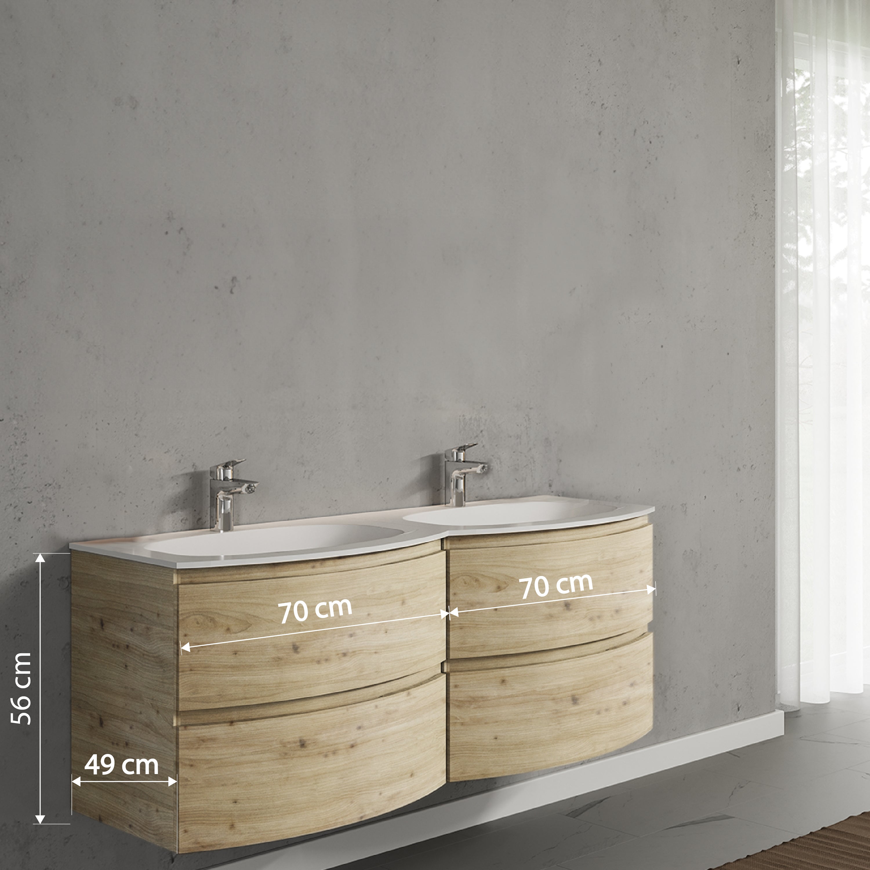 Set mobilier de baie suspendat, cu lavoar dublu incastrat, 140 cm, imitatie lemn natural, finisaj mat, Armonia, SaviniDue