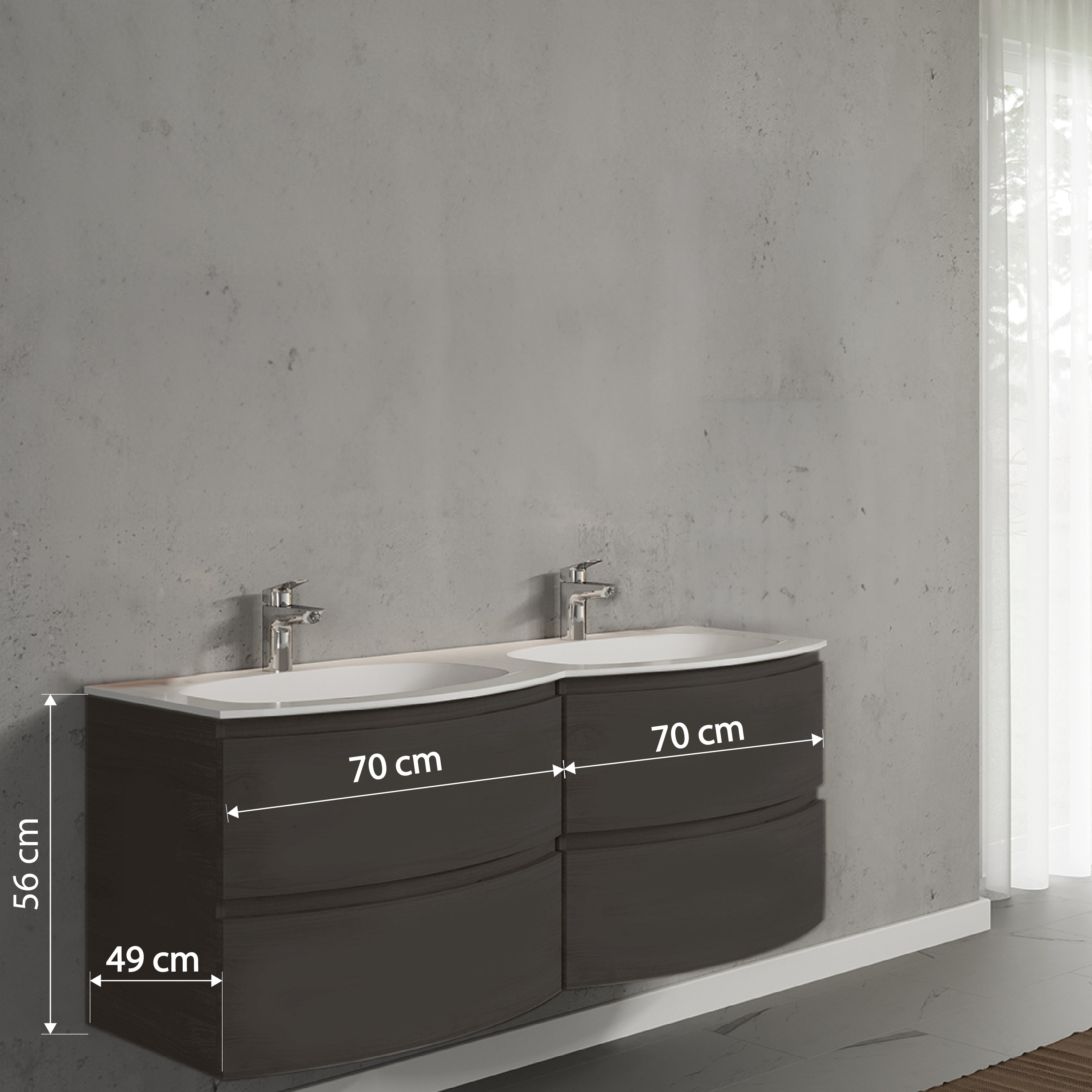 Set mobilier de baie suspendat, cu lavoar dublu incastrat, 140 cm, negru, finisaj mat , Armonia, SaviniDue