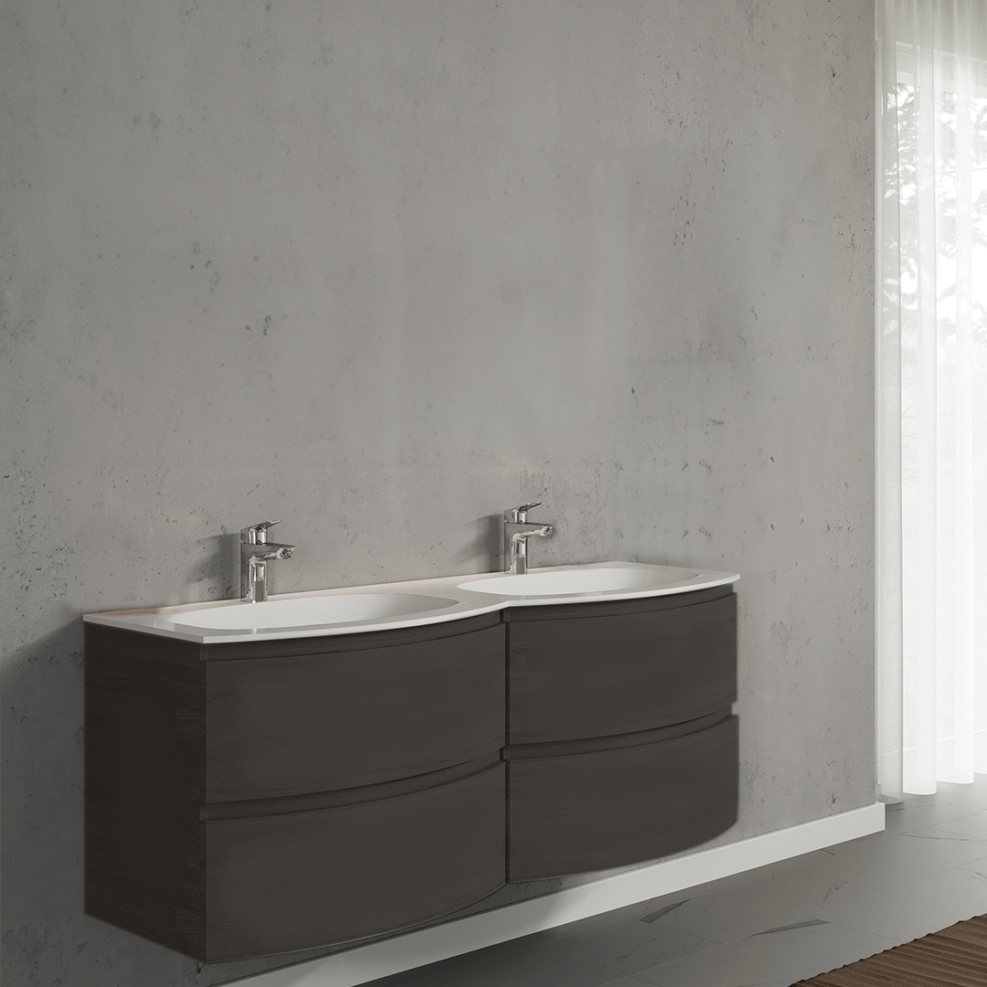 Set mobilier de baie suspendat, cu lavoar dublu incastrat, 140 cm, negru, finisaj mat , Armonia, SaviniDue