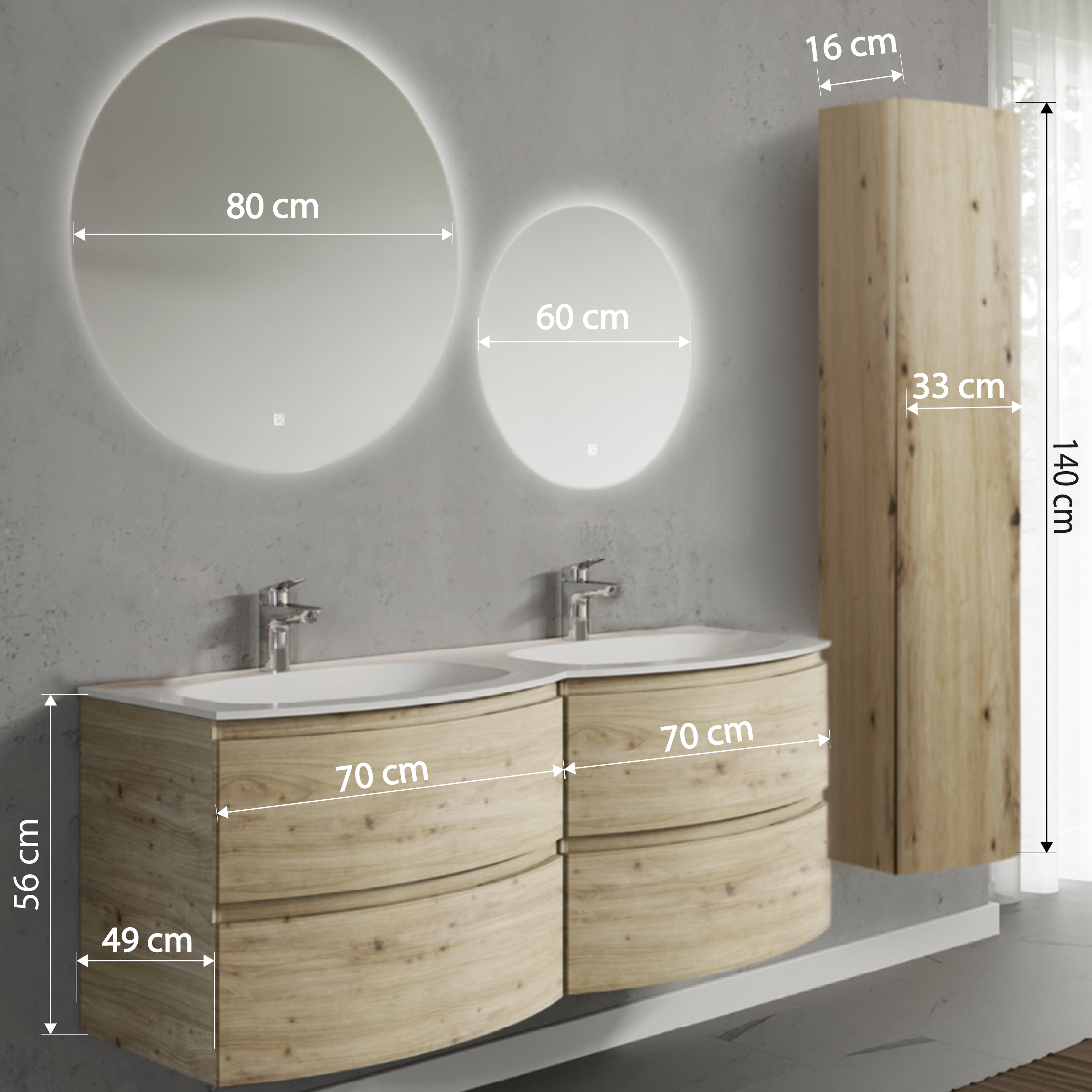 Set mobilier de baie suspendat, cu lavoar dublu incastrat, 2 oglinzi si coloana suspendata, 140 cm, imitatie lemn natur, finisaj mat, Armonia, SaviniDue