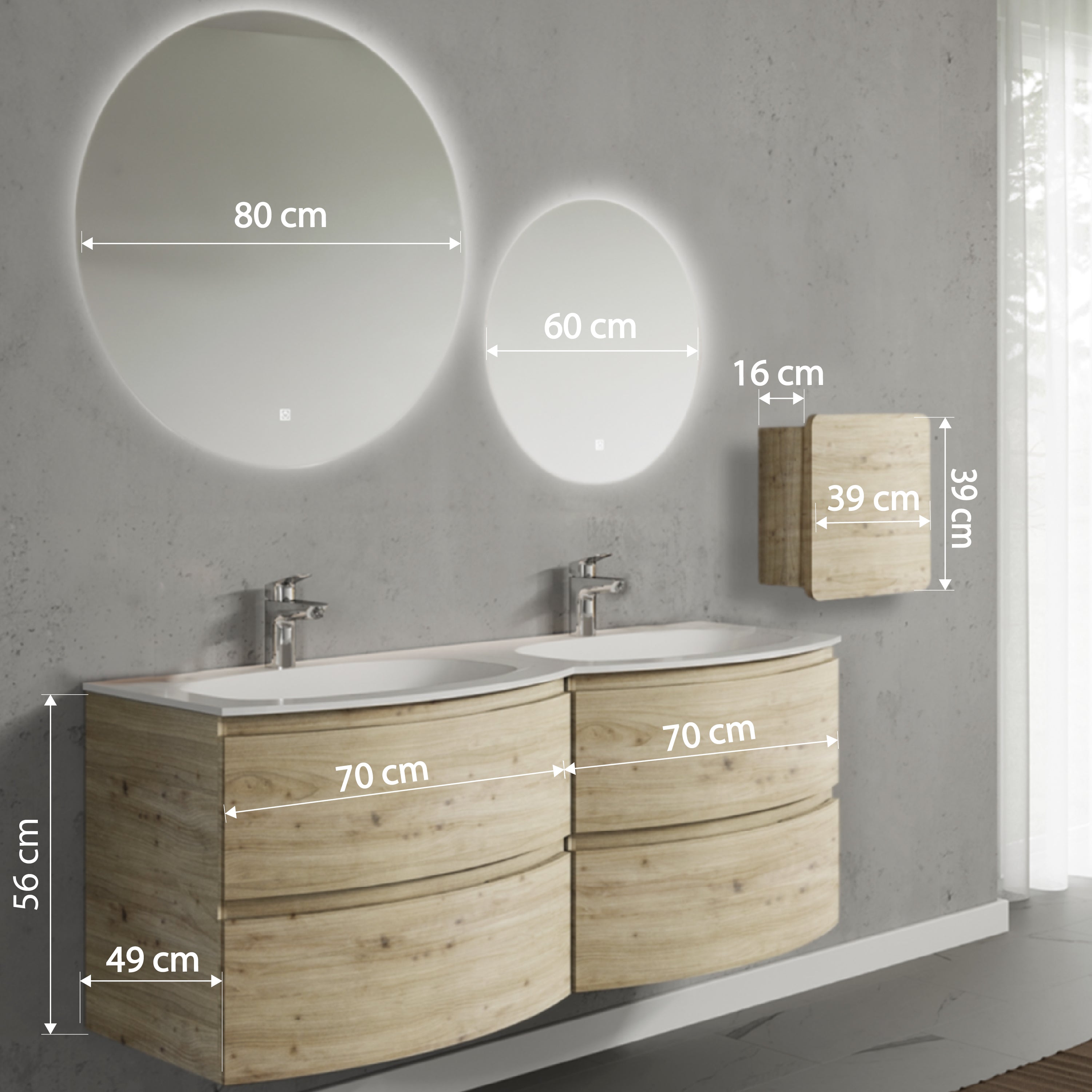 Set mobilier de baie suspendat, cu lavoar dublu incastrat, 2 oglinzi si corp suspendat, 140 cm, imitatie lemn natur, finisaj mat, Armonia, SaviniDue