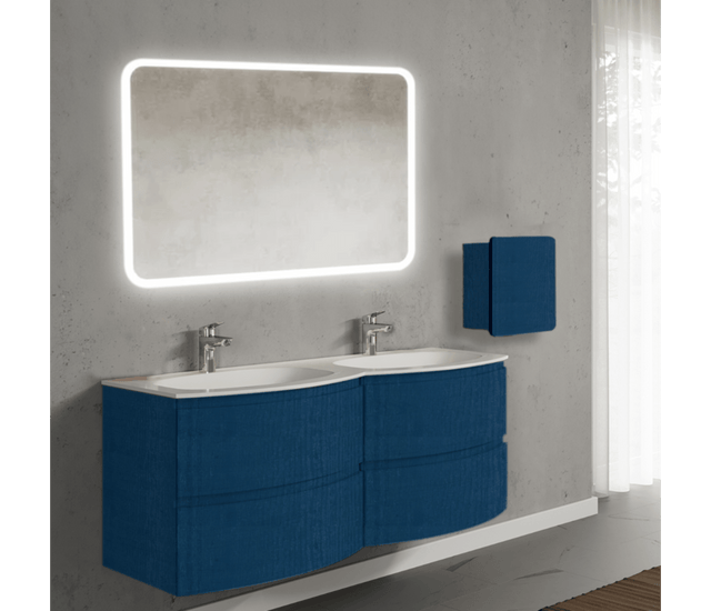 Set mobilier de baie suspendat, cu lavoar dublu incastrat, oglinda, corp suspendat, 140 cm, albastru, finisaj mat, Armonia, SaviniDue