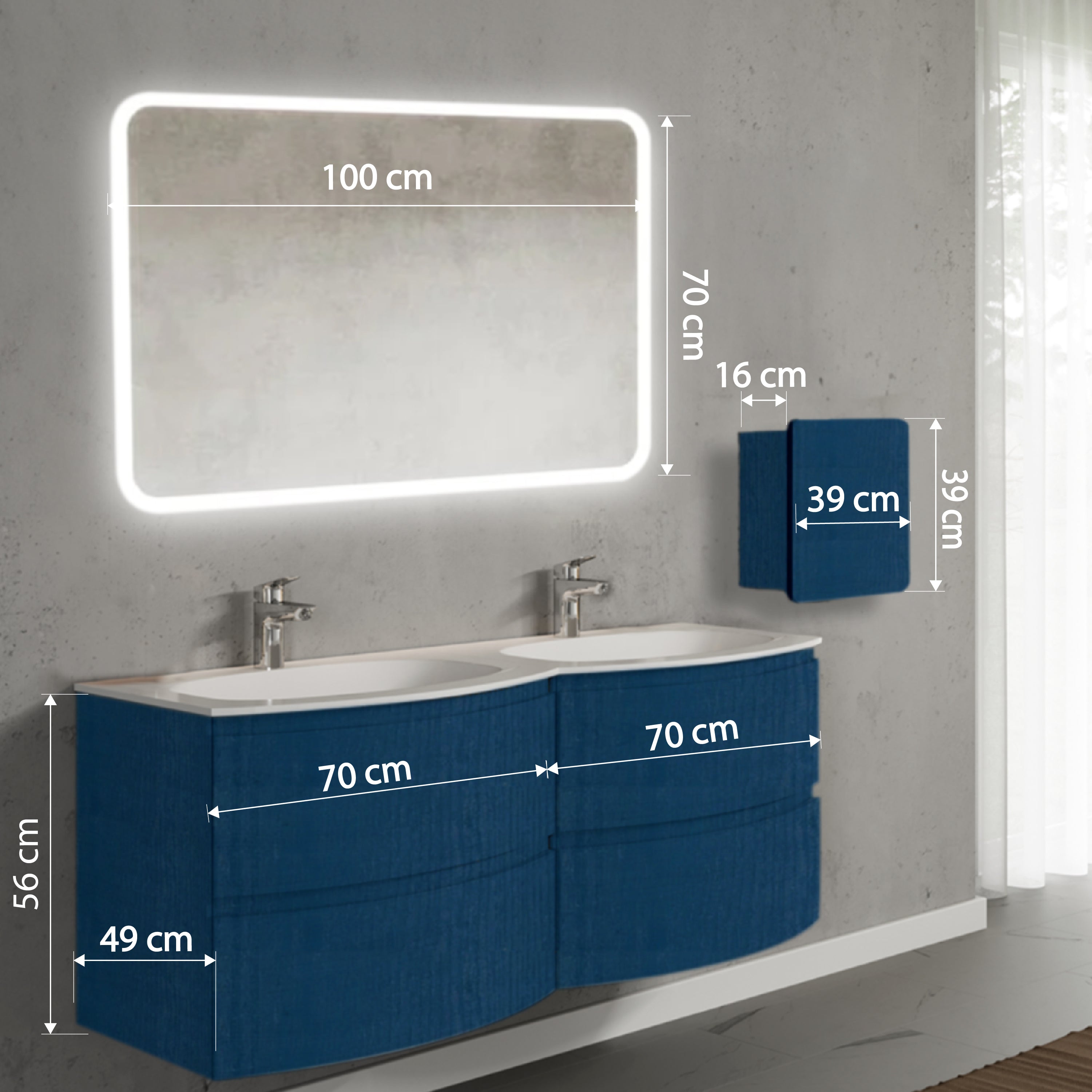 Set mobilier de baie suspendat, cu lavoar dublu incastrat, oglinda, corp suspendat, 140 cm, albastru, finisaj mat, Armonia, SaviniDue