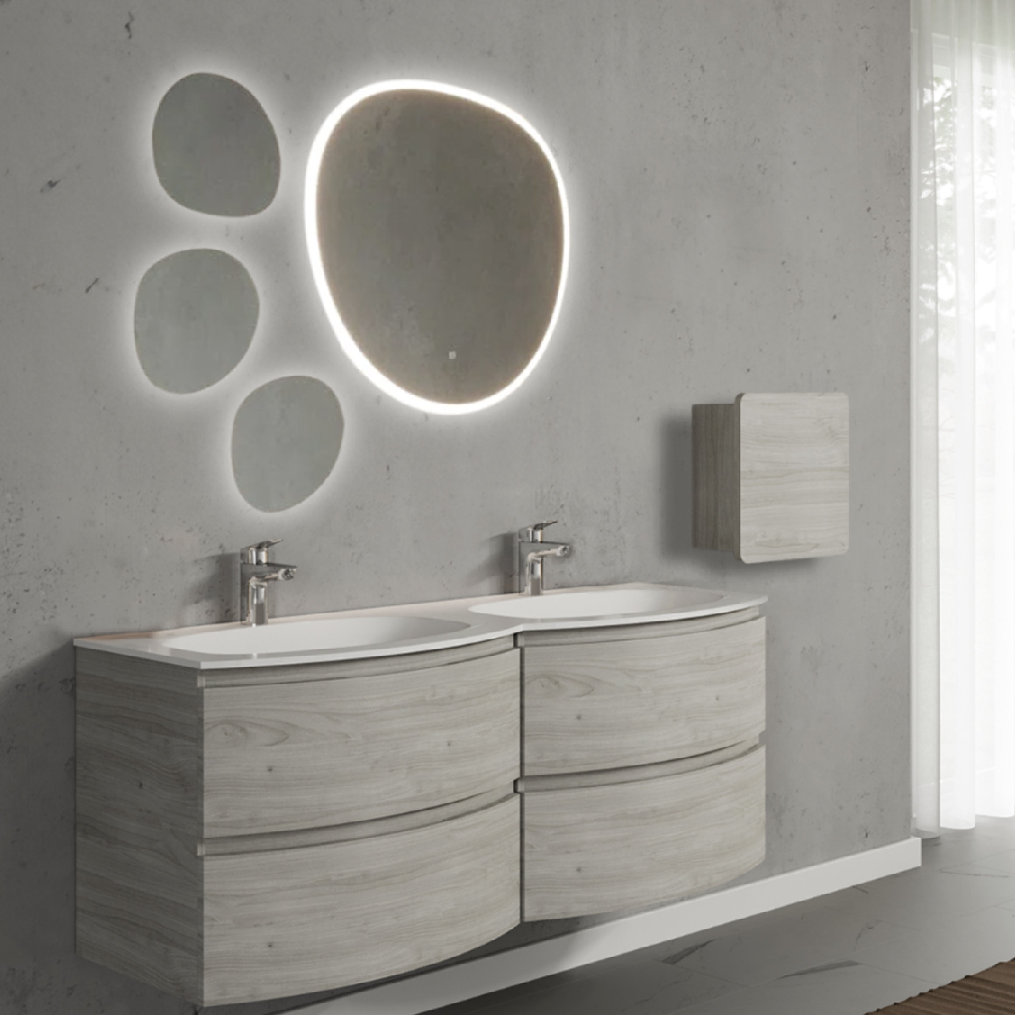 Set mobilier de baie suspendat, cu lavoar dublu incastrat, oglinda, corp suspendat, 140 cm, imitatie lemn, finisaj mat, Armonia, SaviniDue