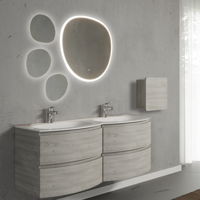 Set mobilier de baie suspendat, cu lavoar dublu incastrat, oglinda, corp suspendat, 140 cm, imitatie lemn, finisaj mat, Armonia, SaviniDue