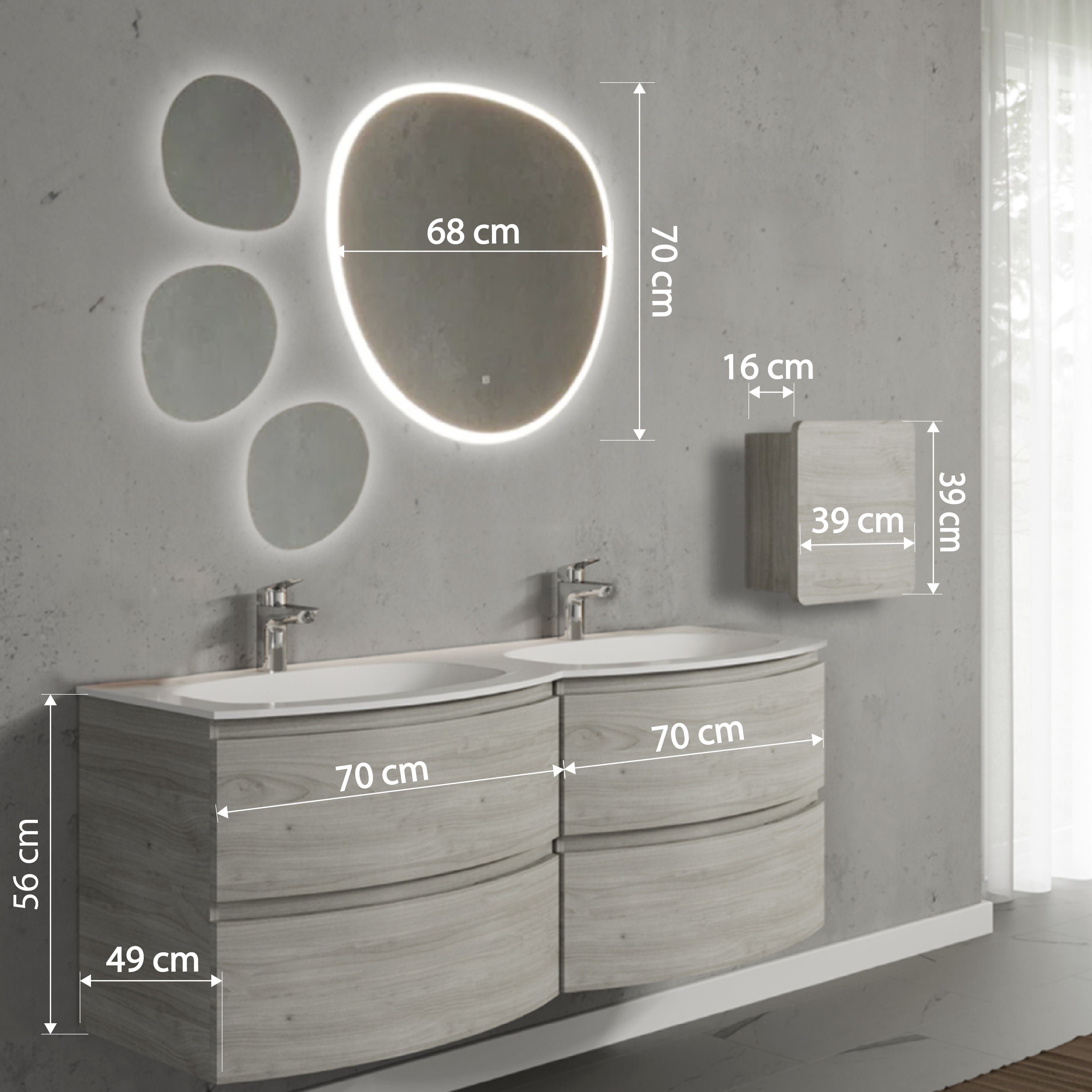 Set mobilier de baie suspendat, cu lavoar dublu incastrat, oglinda, corp suspendat, 140 cm, imitatie lemn, finisaj mat, Armonia, SaviniDue