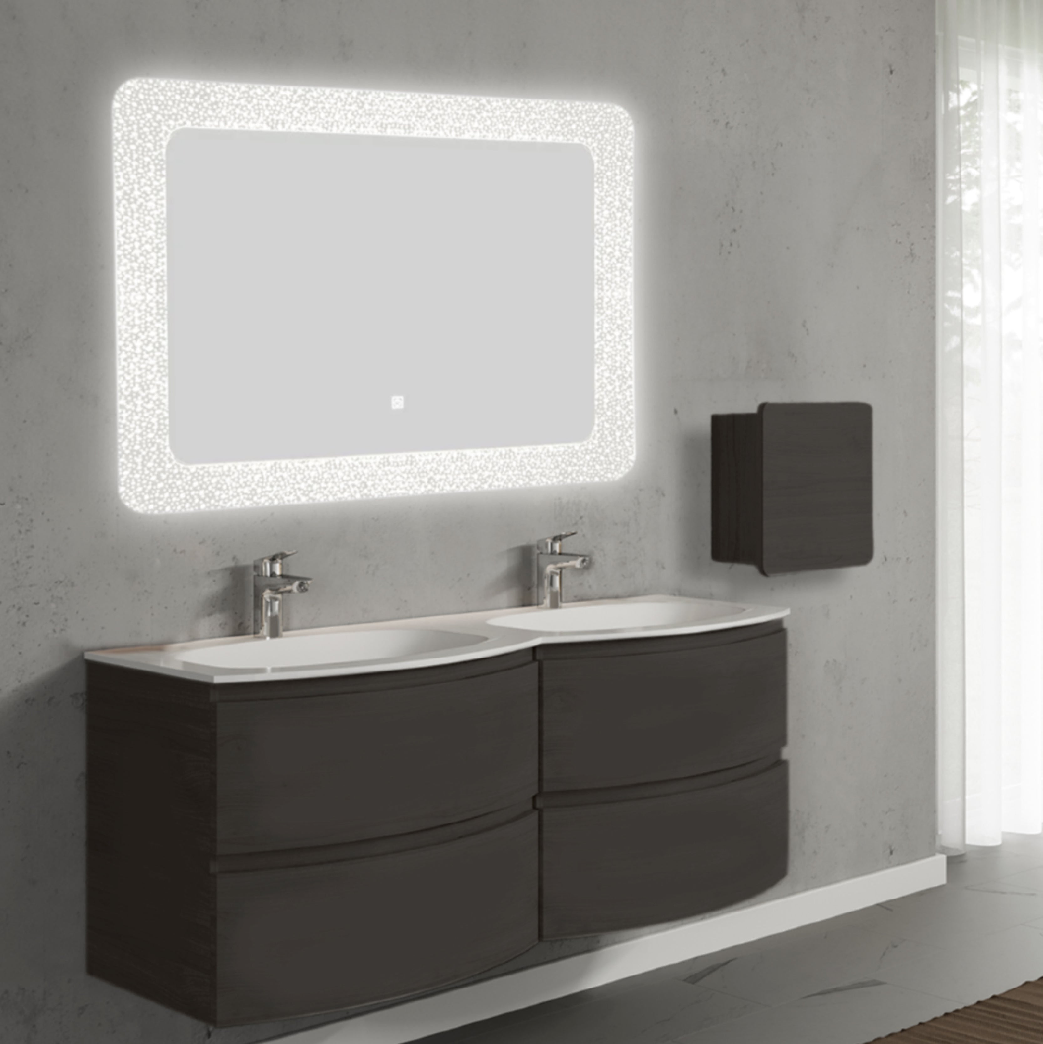 Set mobilier de baie suspendat, cu lavoar dublu incastrat, oglinda LED, corp suspendat, 140 cm, negru, finisaj mat, Armonia, SaviniDue