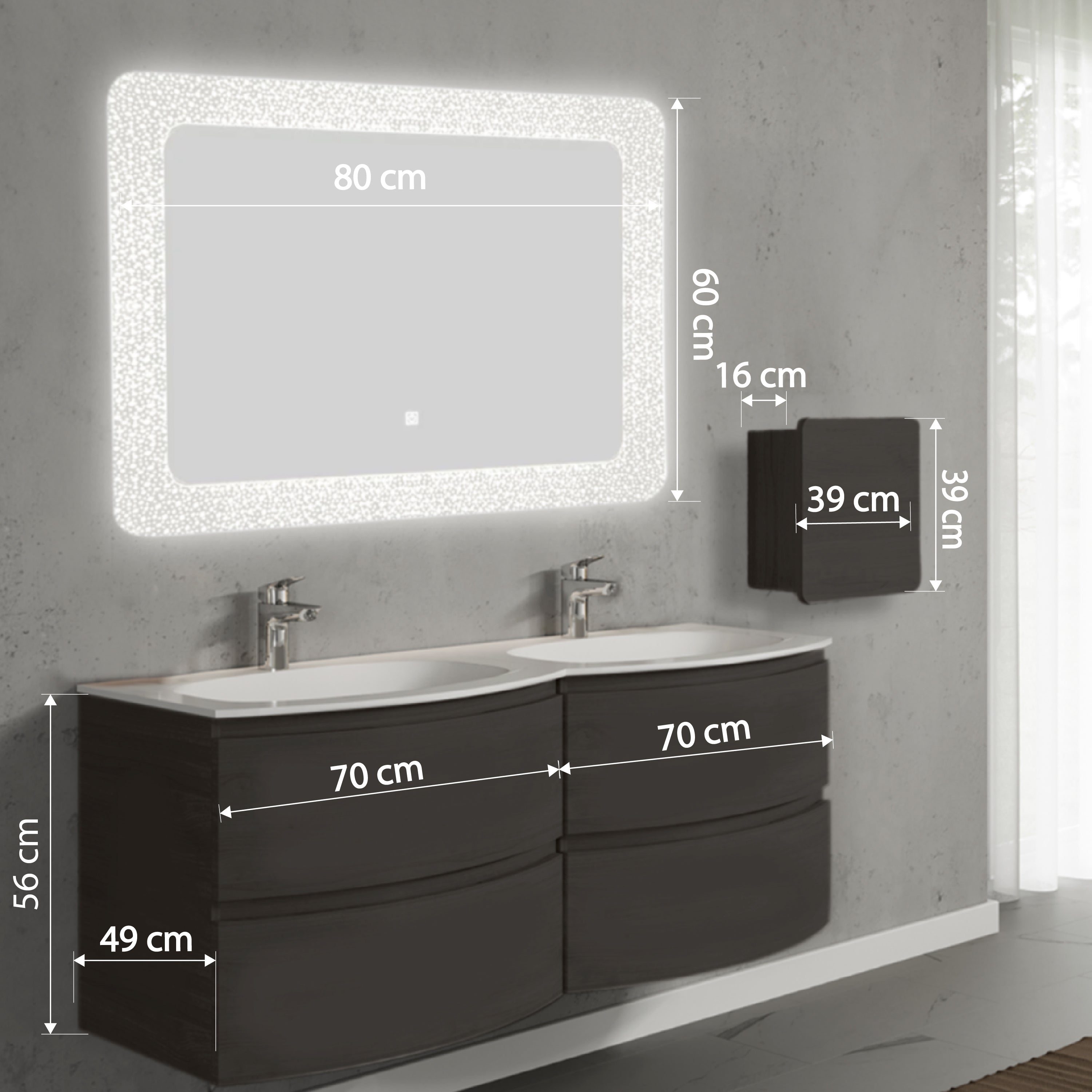 Set mobilier de baie suspendat, cu lavoar dublu incastrat, oglinda LED, corp suspendat, 140 cm, negru, finisaj mat, Armonia, SaviniDue