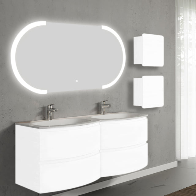 Set mobilier de baie suspendat, cu lavoar dublu incastrat, oglinda LED si 2 corpuri suspendate, 140 cm, alb, finisaj lucios, Armonia, SaviniDue