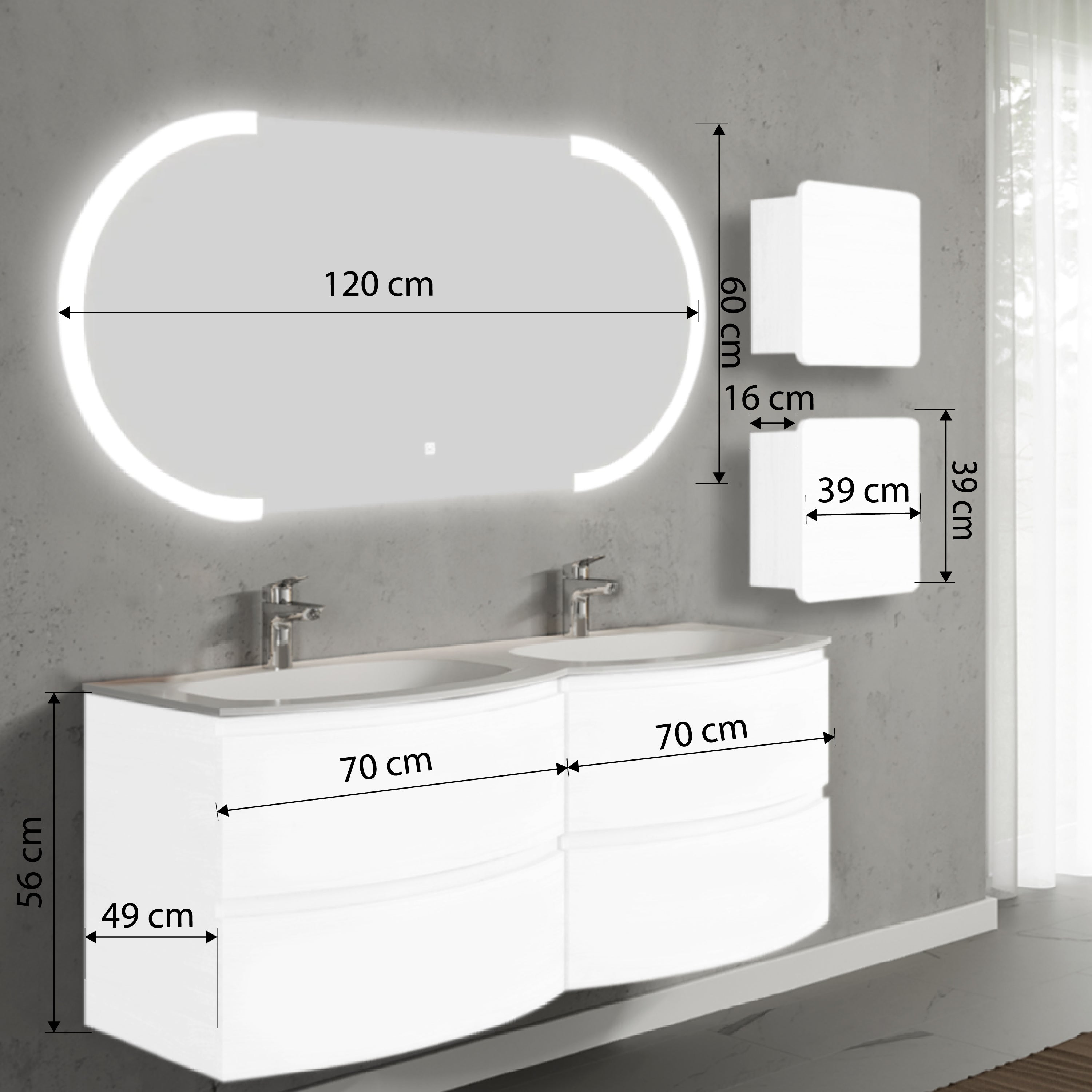 Set mobilier de baie suspendat, cu lavoar dublu incastrat, oglinda LED si 2 corpuri suspendate, 140 cm, alb, finisaj lucios, Armonia, SaviniDue