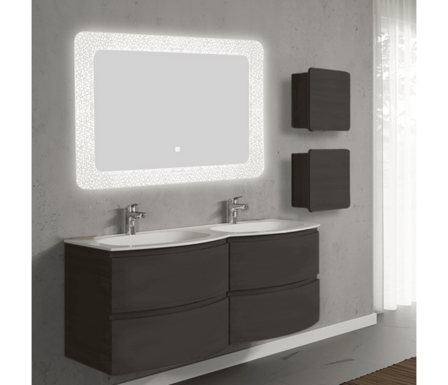 Set mobilier de baie suspendat, cu lavoar dublu incastrat, oglinda LED si 2 corpuri suspendate, 140 cm, negru, finisaj mat, Armonia, SaviniDue
