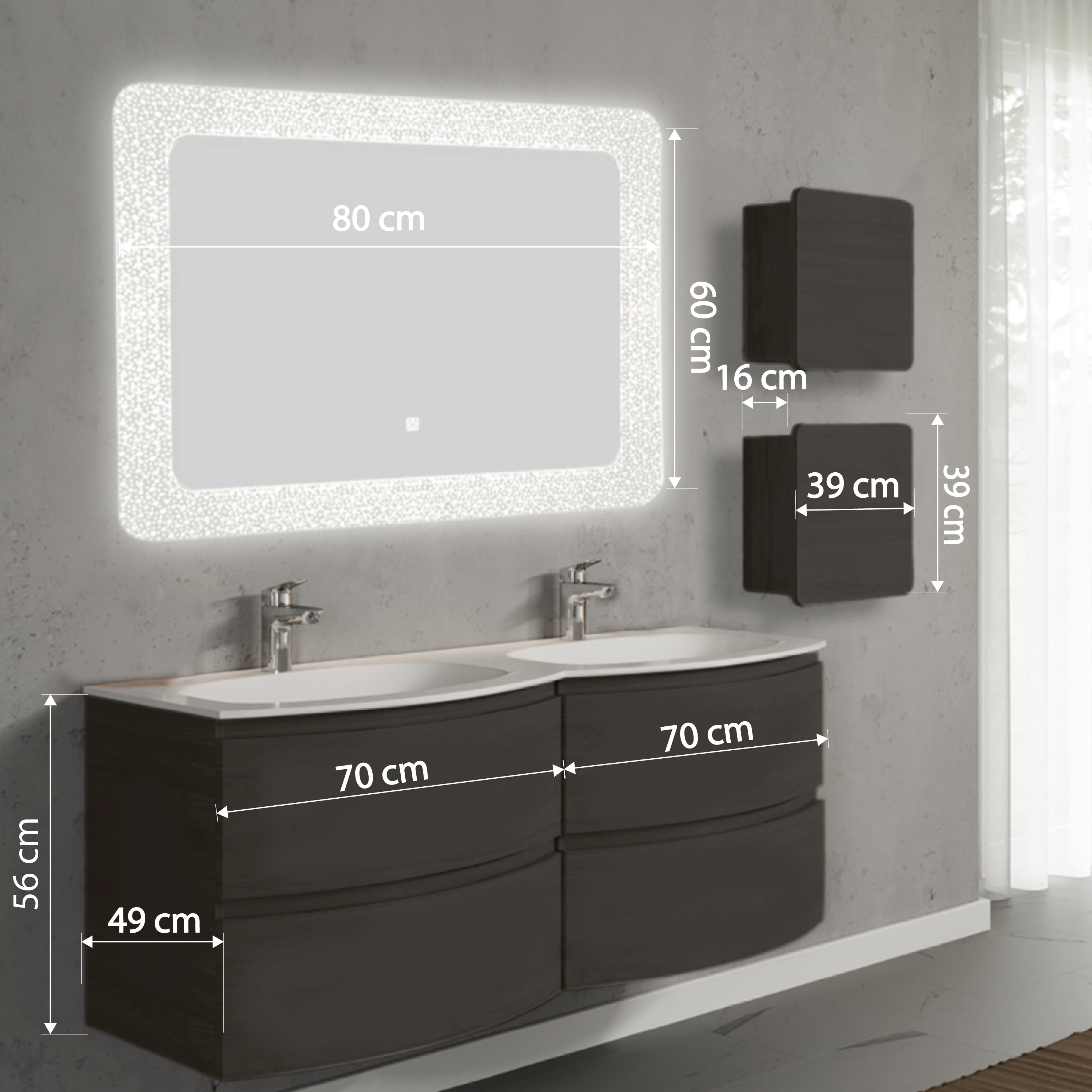 Set mobilier de baie suspendat, cu lavoar dublu incastrat, oglinda LED si 2 corpuri suspendate, 140 cm, negru, finisaj mat, Armonia, SaviniDue