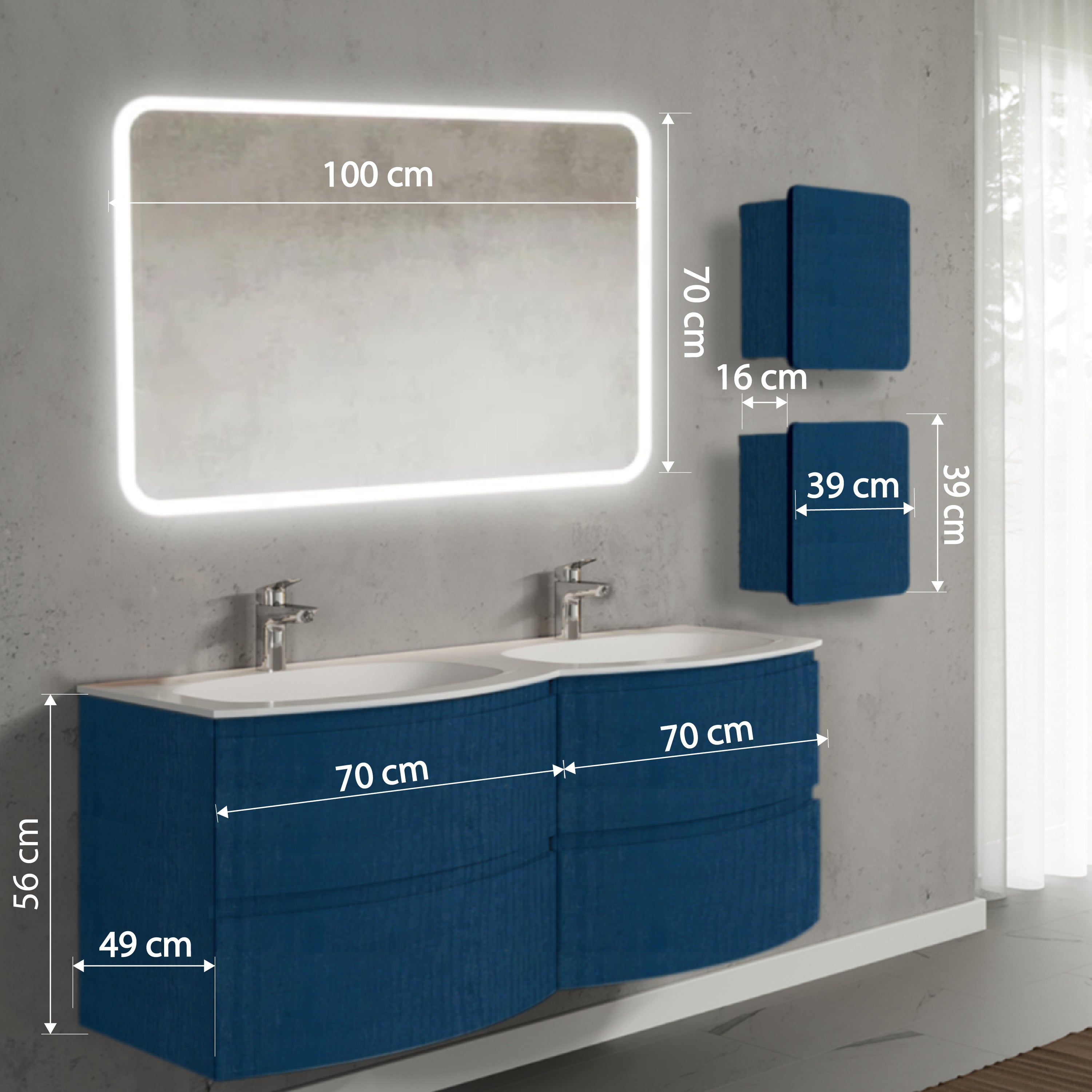 Set mobilier de baie suspendat, cu lavoar dublu incastrat, oglinda si 2 corpuri suspendate, 140 cm, albastru, finisaj mat, Armonia, SaviniDue