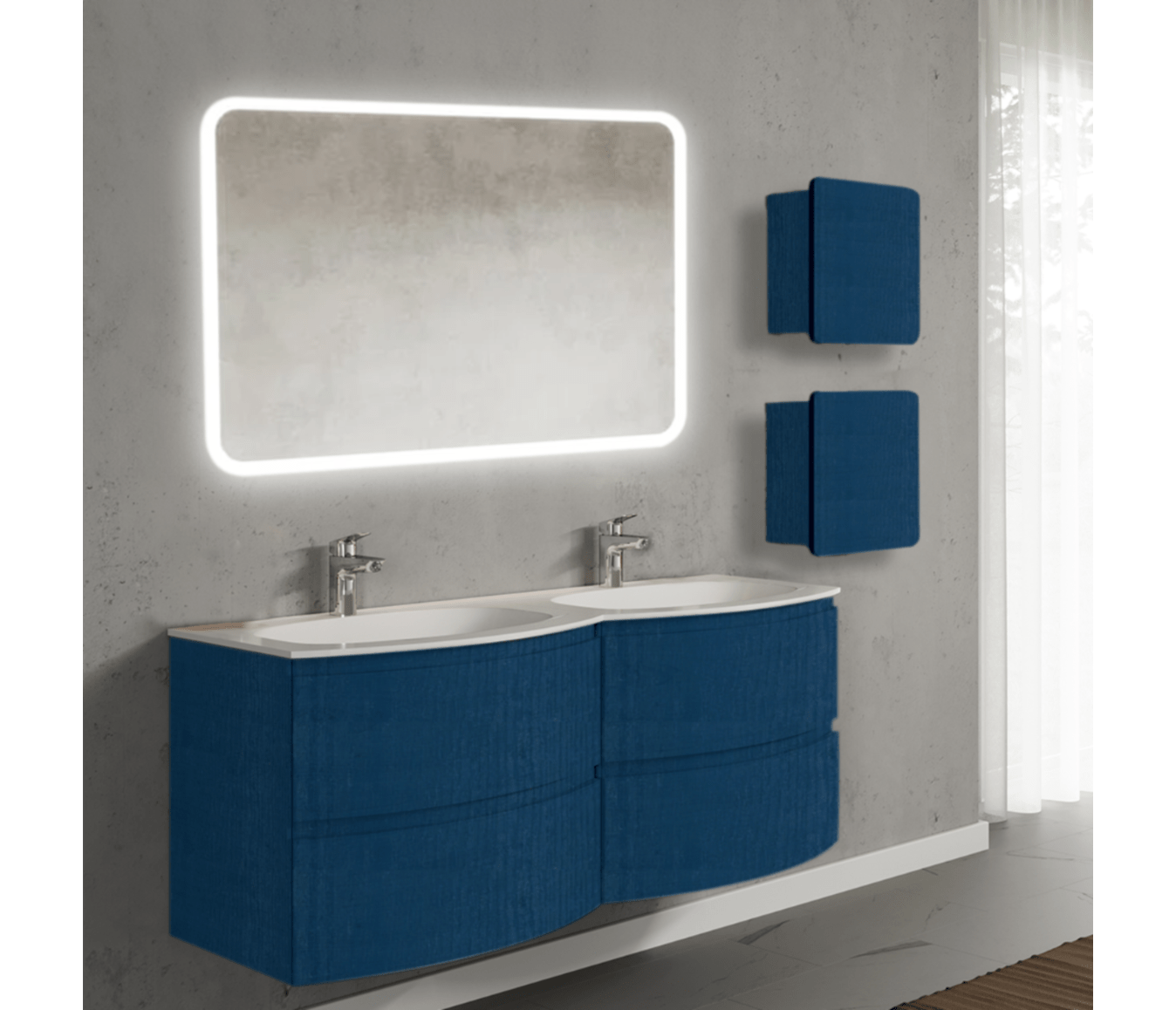 Set mobilier de baie suspendat, cu lavoar dublu incastrat, oglinda si 2 corpuri suspendate, 140 cm, albastru, finisaj mat, Armonia, SaviniDue