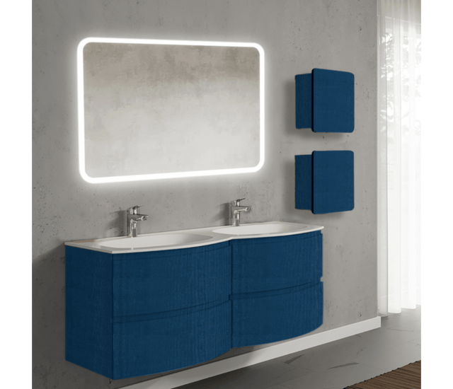 Set mobilier de baie suspendat, cu lavoar dublu incastrat, oglinda si 2 corpuri suspendate, 140 cm, albastru, finisaj mat, Armonia, SaviniDue