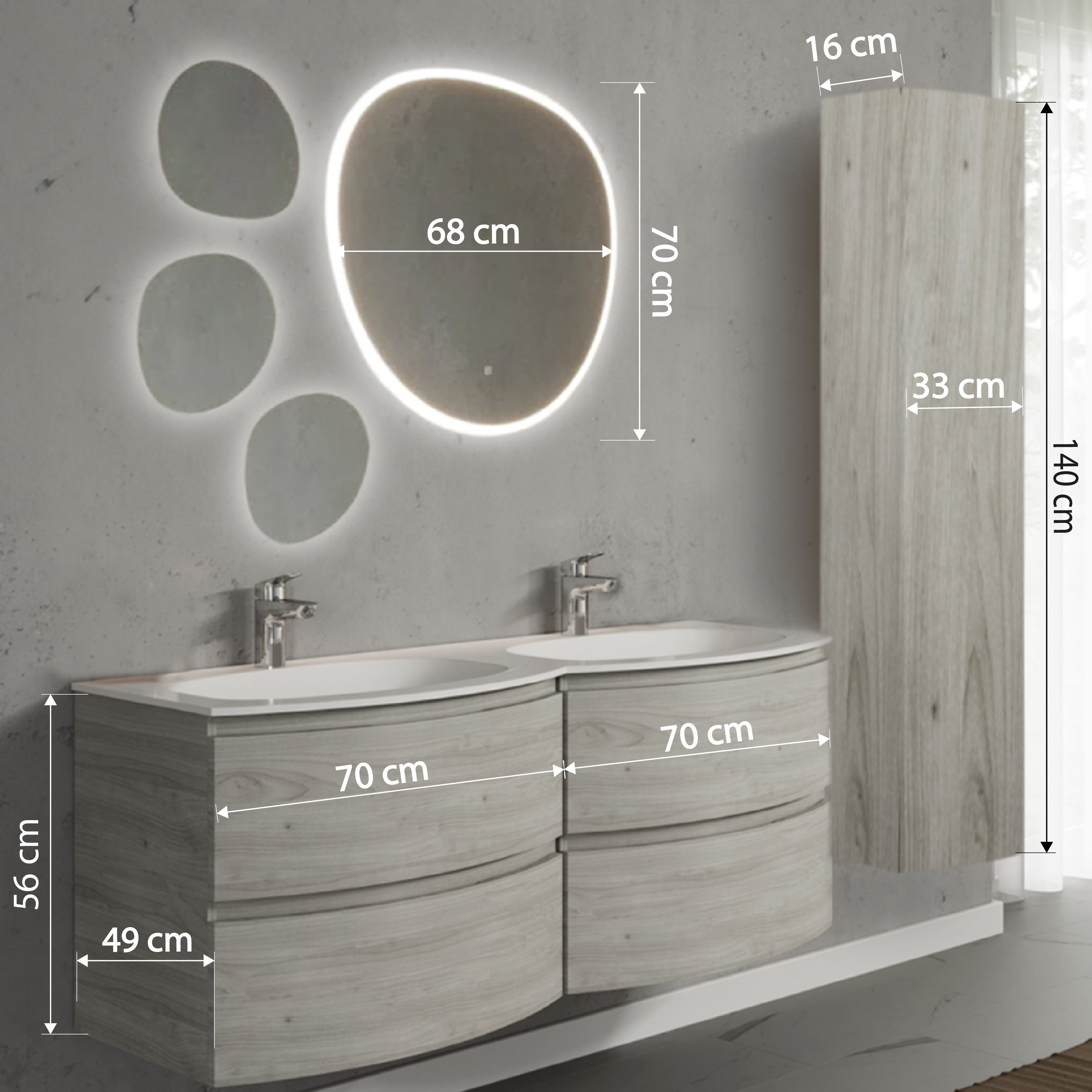 Set mobilier de baie suspendat, cu lavoar dublu incastrat, oglinda si coloana suspendata, 140 cm, imitatie lemn, finisaj mat, Armonia, SaviniDue