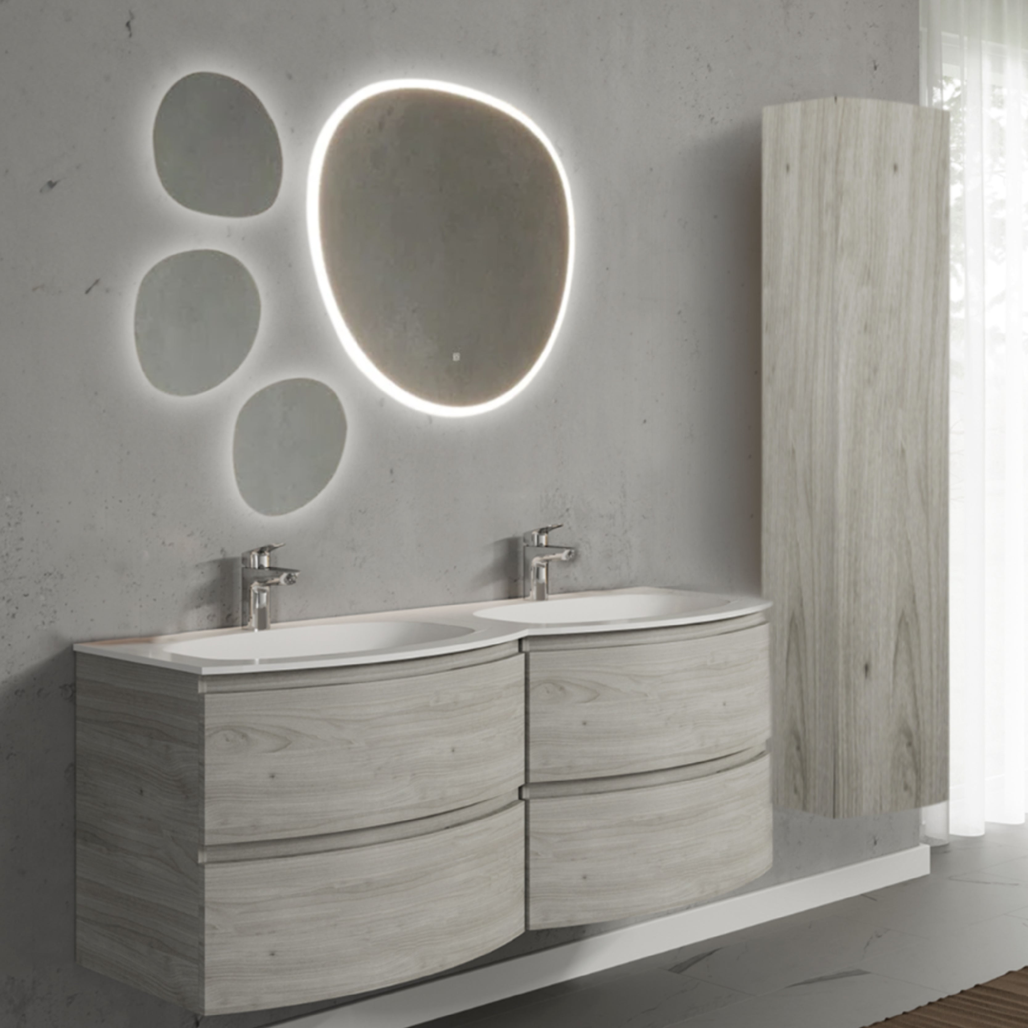 Set mobilier de baie suspendat, cu lavoar dublu incastrat, oglinda si coloana suspendata, 140 cm, imitatie lemn, finisaj mat, Armonia, SaviniDue
