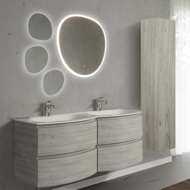 Set mobilier de baie suspendat, cu lavoar dublu incastrat, oglinda si coloana suspendata, 140 cm, imitatie lemn, finisaj mat, Armonia, SaviniDue