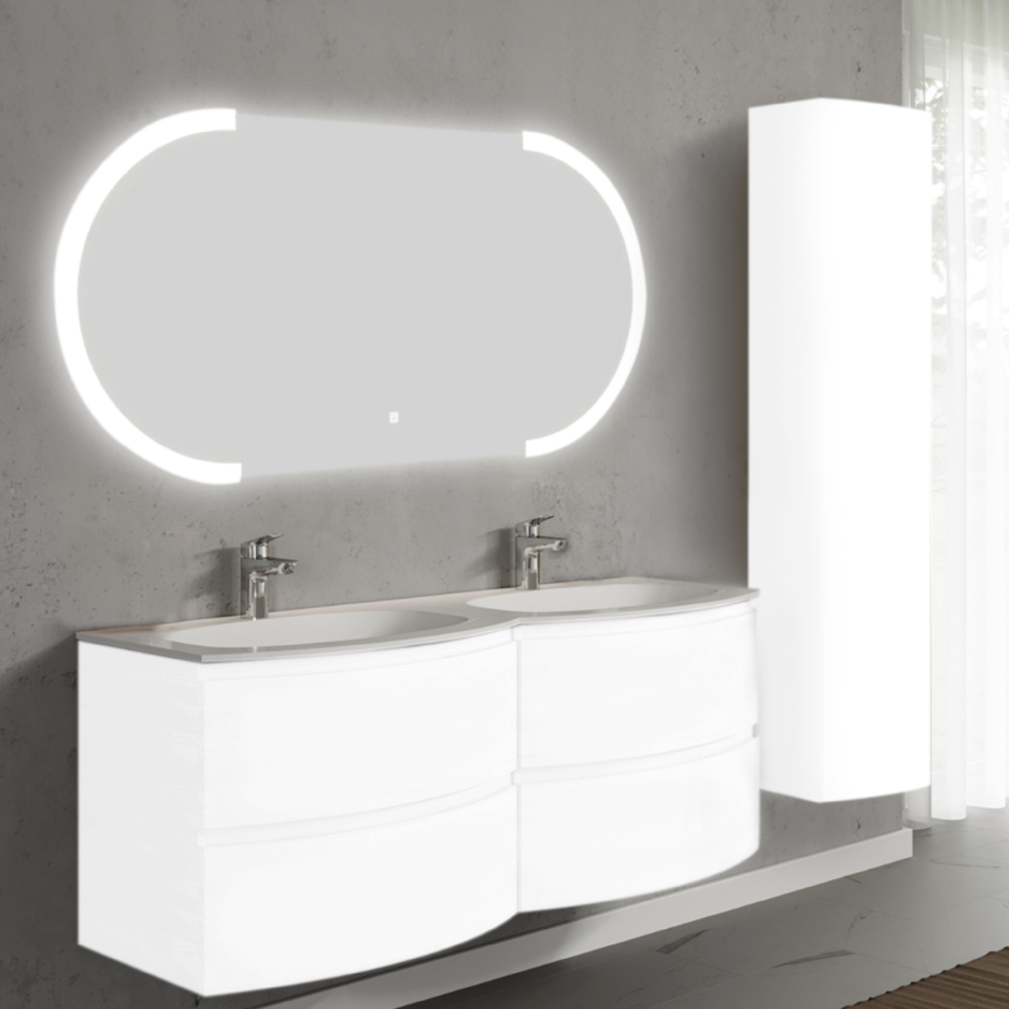 Set mobilier de baie suspendat, cu lavoar dublu incastrat, oglinda si dulap suspendata, 140 cm, alb, finisaj lucios, Armonia, SaviniDue