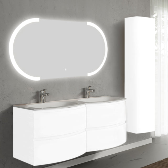 Set mobilier de baie suspendat, cu lavoar dublu incastrat, oglinda si dulap suspendata, 140 cm, alb, finisaj lucios, Armonia, SaviniDue