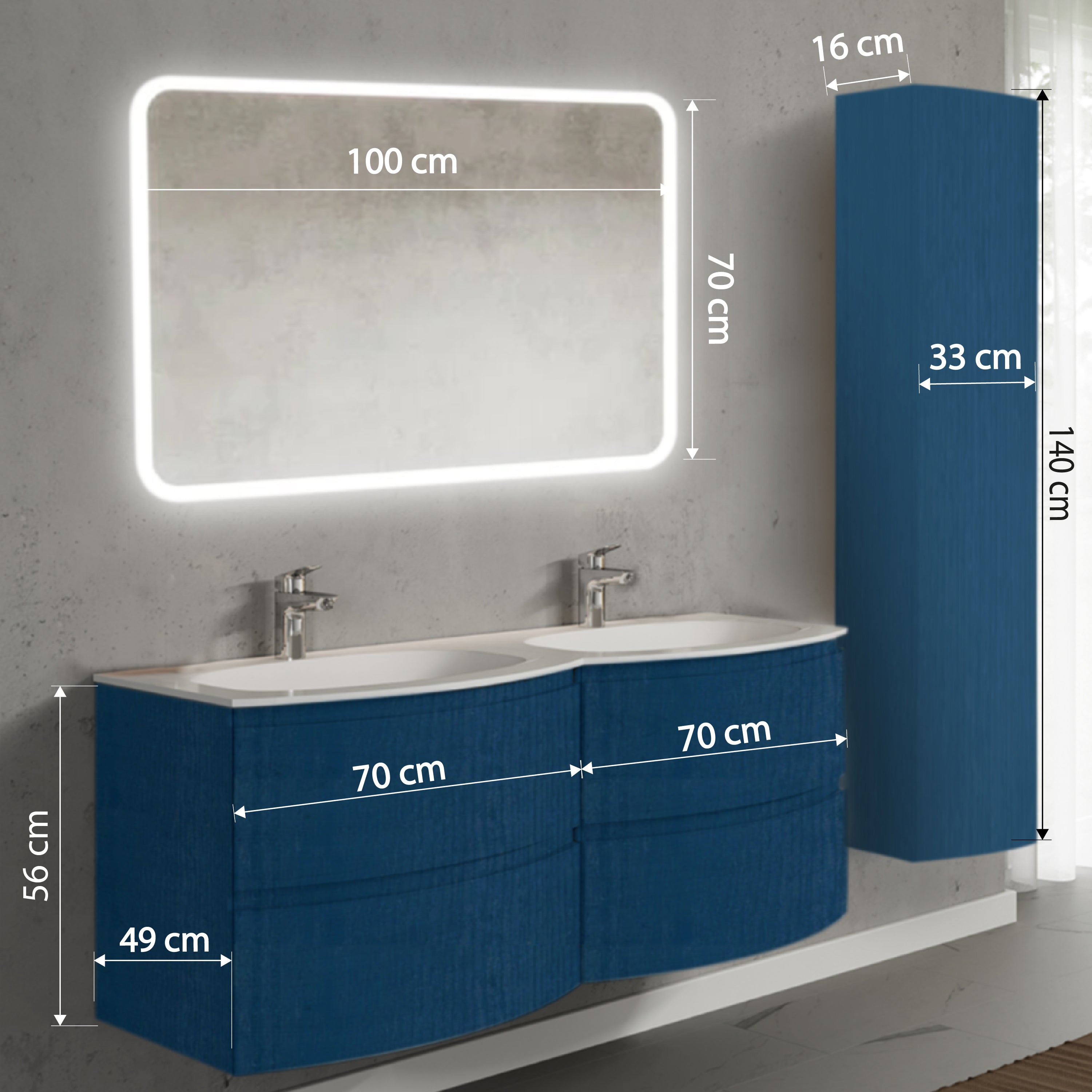 Set mobilier de baie suspendat, cu lavoar dublu incastrat, oglinda si dulap suspendata, 140 cm, albastru, finisaj mat, Armonia, SaviniDue