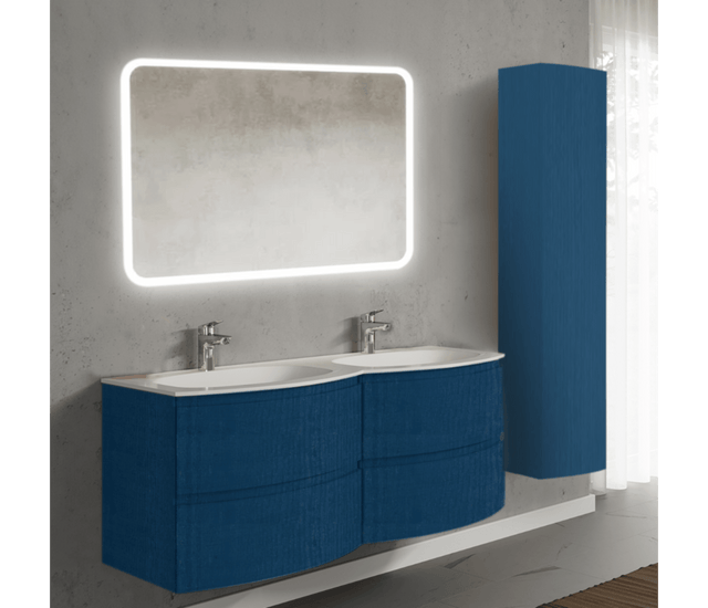 Set mobilier de baie suspendat, cu lavoar dublu incastrat, oglinda si dulap suspendata, 140 cm, albastru, finisaj mat, Armonia, SaviniDue