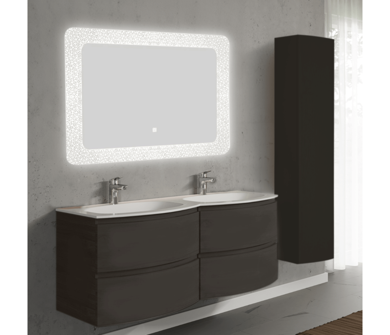 Set mobilier de baie suspendat, cu lavoar dublu incastrat, oglinda si dulap suspendata, 140 cm, negru, finisaj mat, Armonia, SaviniDue