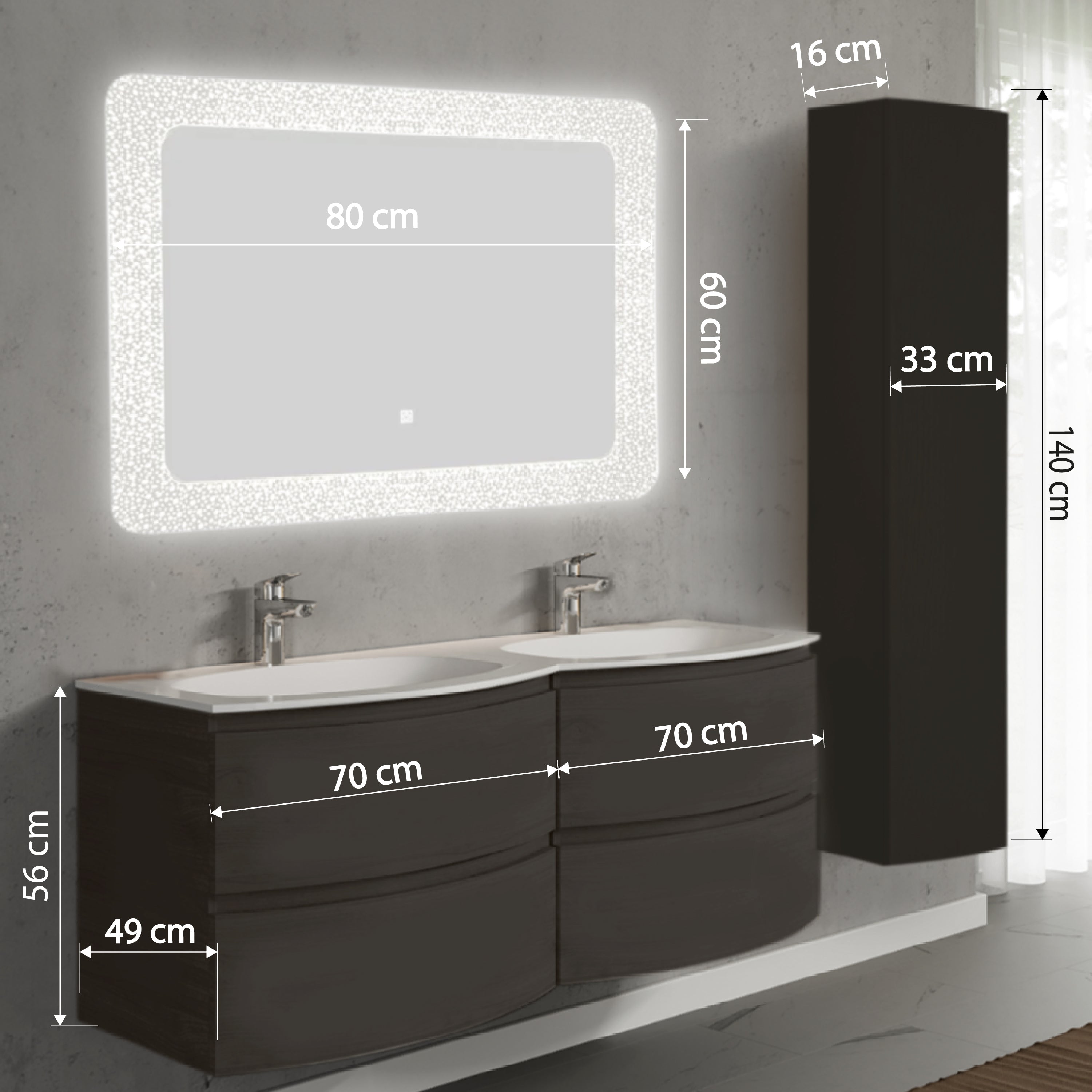 Set mobilier de baie suspendat, cu lavoar dublu incastrat, oglinda si dulap suspendata, 140 cm, negru, finisaj mat, Armonia, SaviniDue