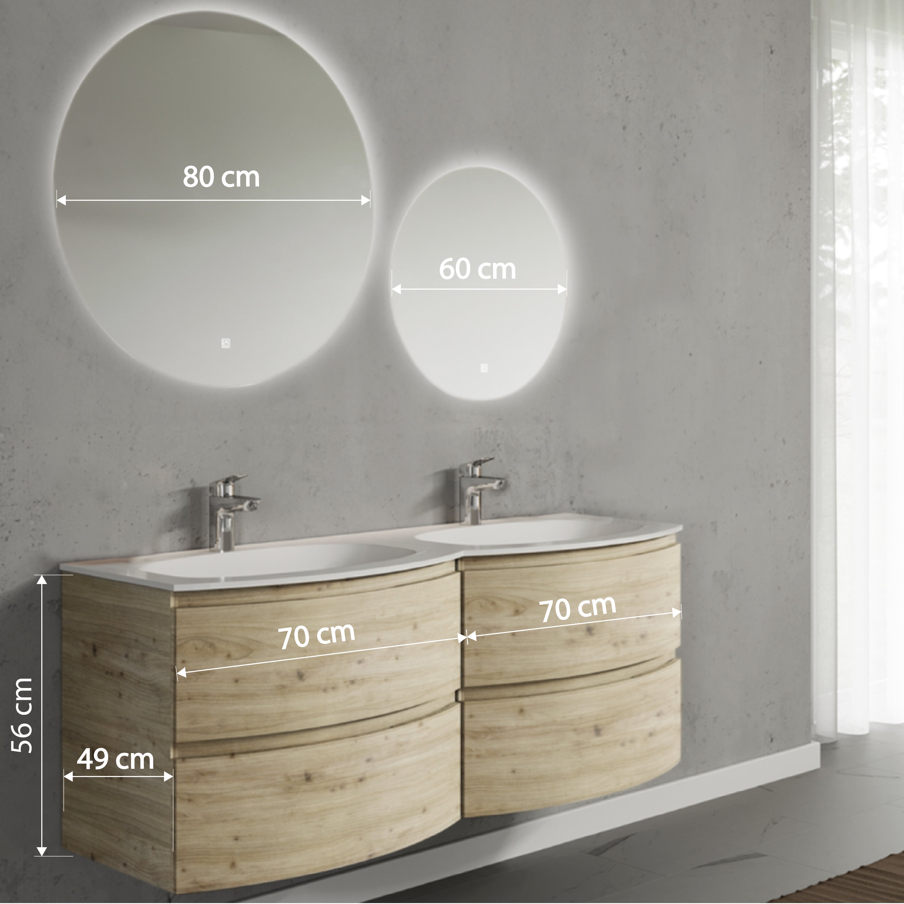Set mobilier de baie suspendat, cu lavoar dublu incastrat si 2 oglinzi, 140 cm, imitatie lemn natur, finisaj mat, Armonia, SaviniDue