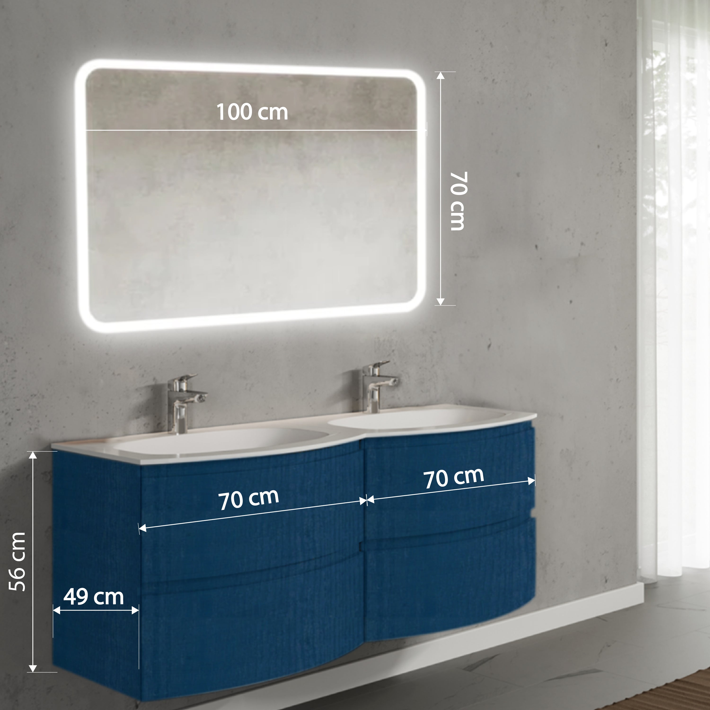 Set mobilier de baie suspendat, cu lavoar dublu incastrat si oglinda, 140 cm, albastru, finisaj mat, Armonia, SaviniDue