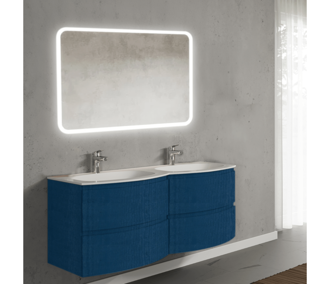 Set mobilier de baie suspendat, cu lavoar dublu incastrat si oglinda, 140 cm, albastru, finisaj mat, Armonia, SaviniDue