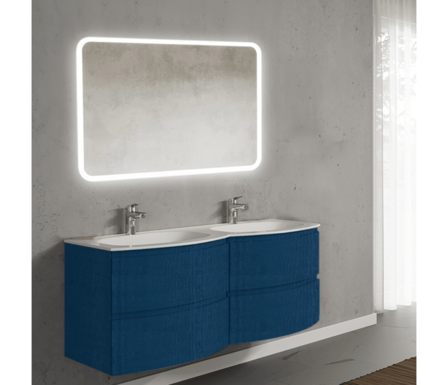 Set mobilier de baie suspendat, cu lavoar dublu incastrat si oglinda, 140 cm, albastru, finisaj mat, Armonia, SaviniDue
