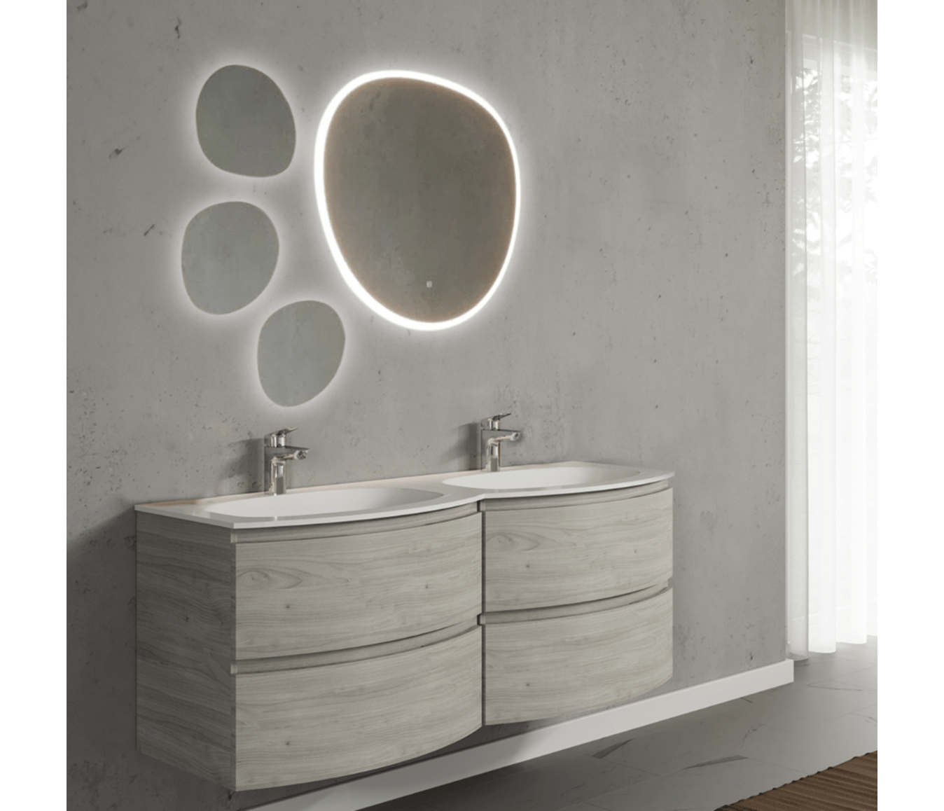 Set mobilier de baie suspendat, cu lavoar dublu incastrat si oglinda, 140 cm, imitatie lemn, finisaj mat, Armonia, SaviniDue