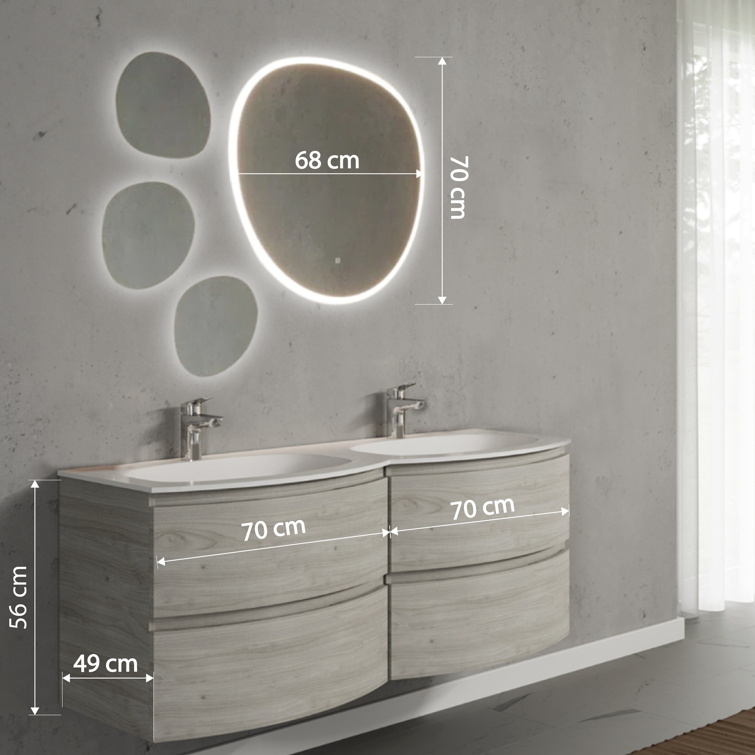 Set mobilier de baie suspendat, cu lavoar dublu incastrat si oglinda, 140 cm, imitatie lemn, finisaj mat, Armonia, SaviniDue