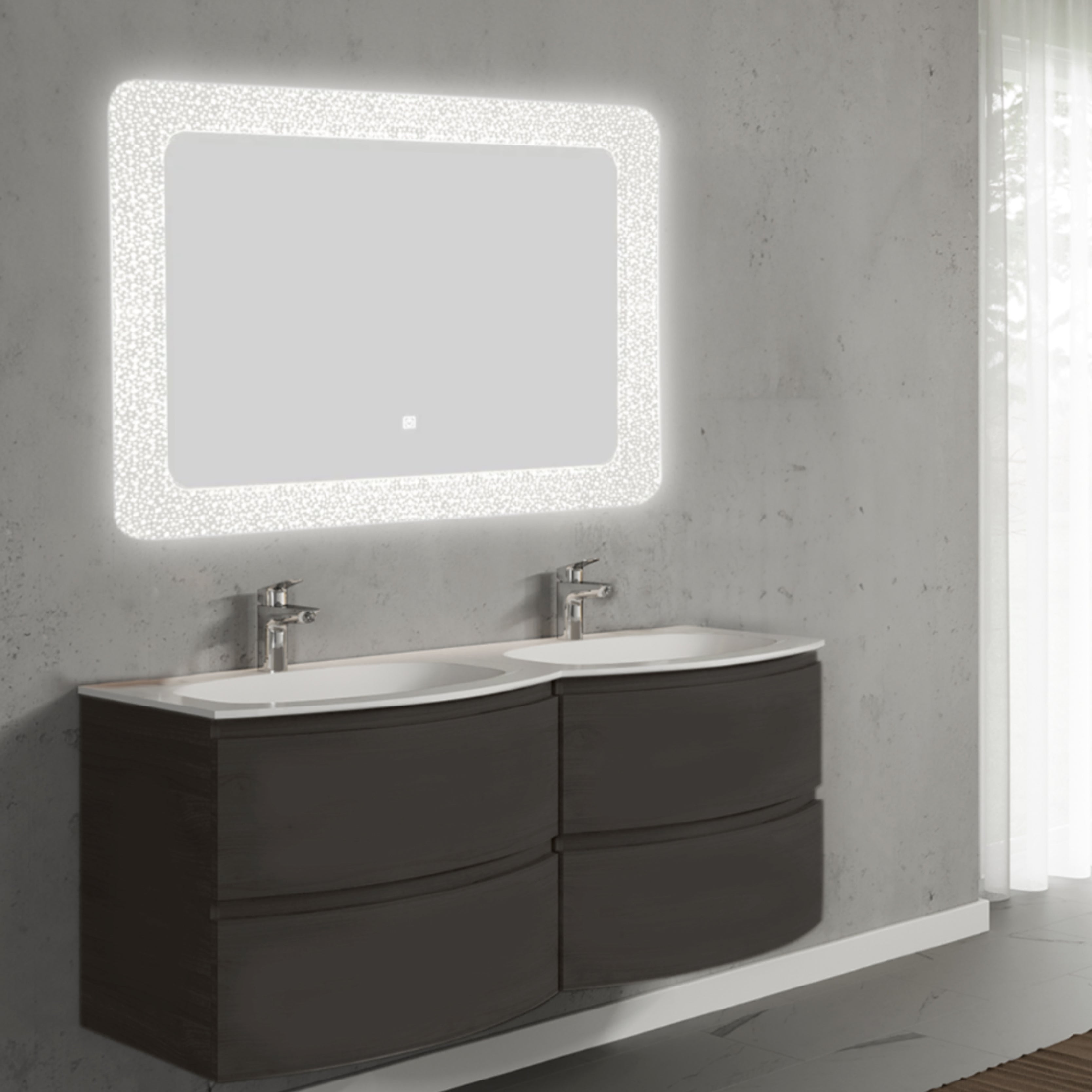 Set mobilier de baie suspendat, cu lavoar dublu incastrat si oglinda cu LED, 140 cm, negru, finisaj mat, Armonia, SaviniDue